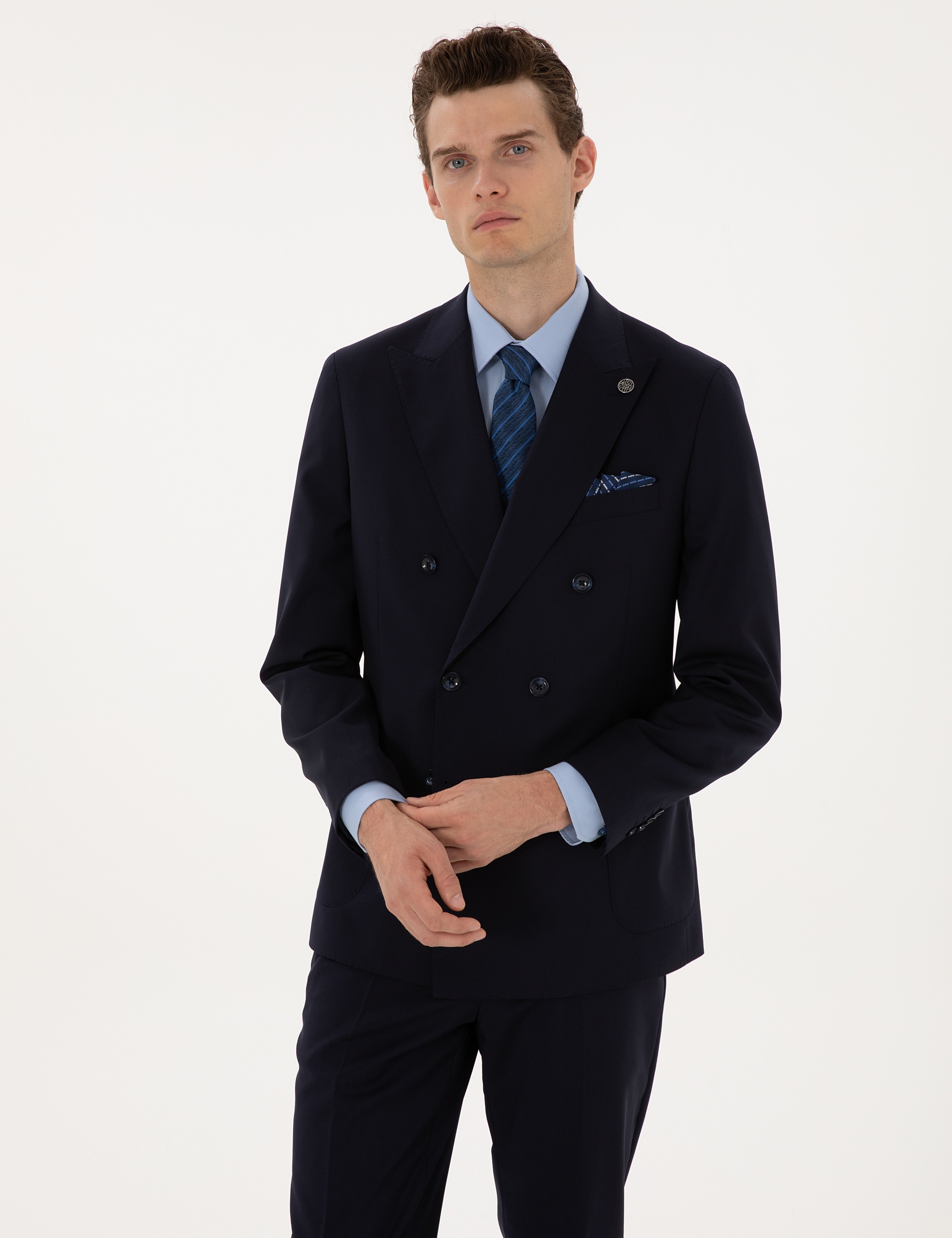 Lacivert Ex. Slim Fit %100 Yün Kruvaze Takım Elbise - Image 3