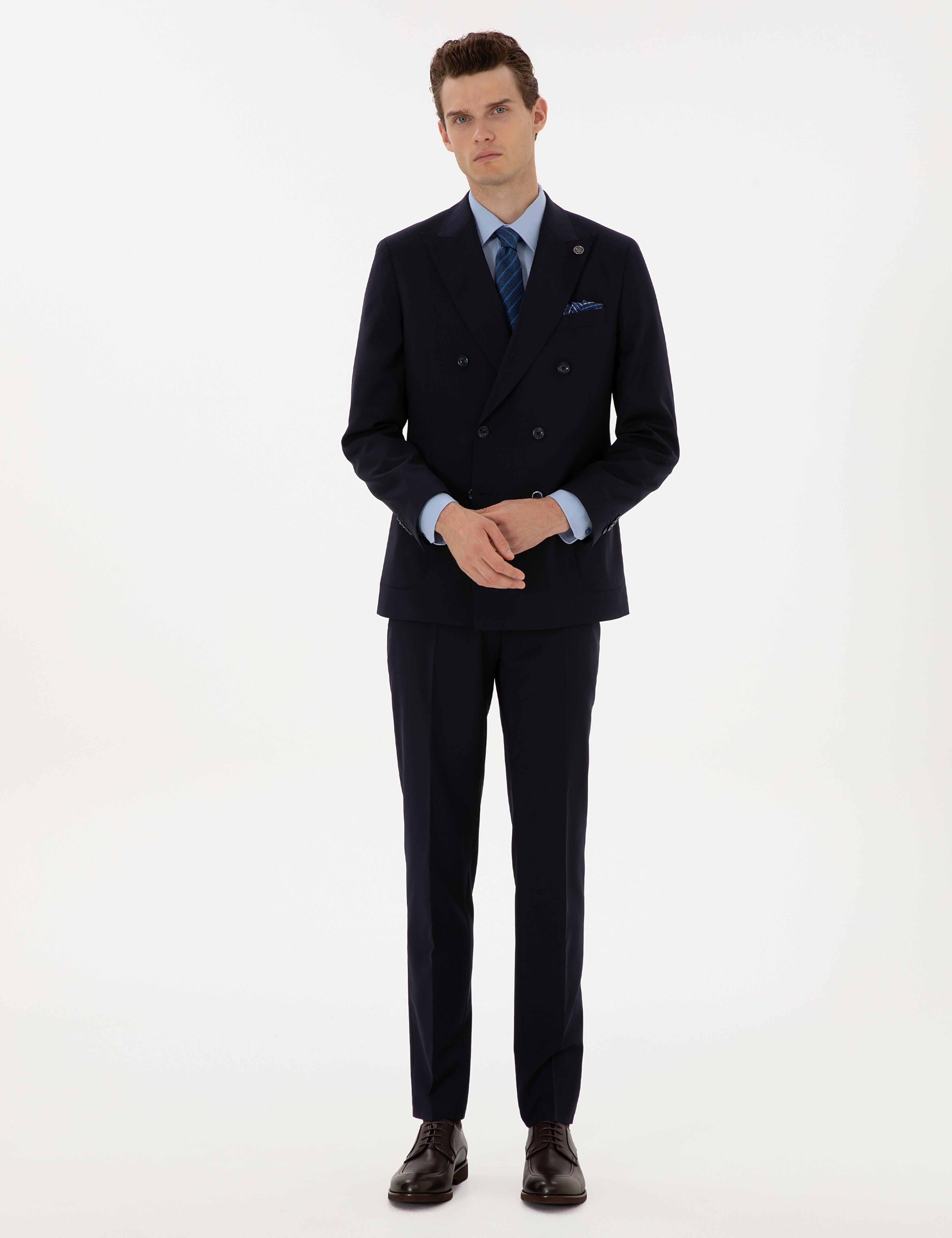 Lacivert Ex. Slim Fit %100 Yün Kruvaze Takım Elbise - Image 1