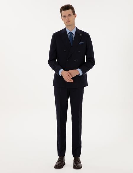 Lacivert Ex. Slim Fit %100 Yün Kruvaze Takım Elbise - 50313955044