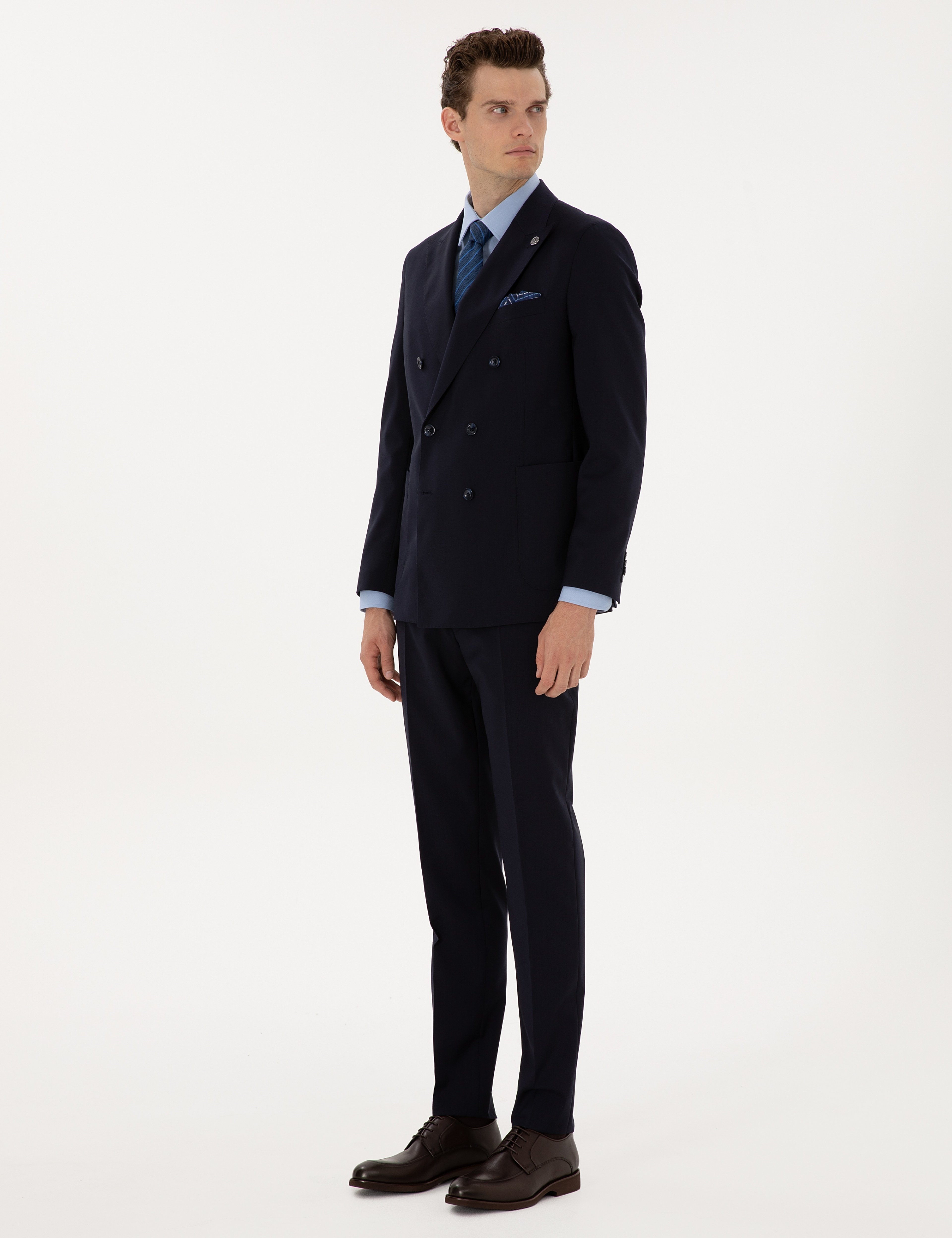 Lacivert Ex. Slim Fit %100 Yün Kruvaze Takım Elbise - Image 4