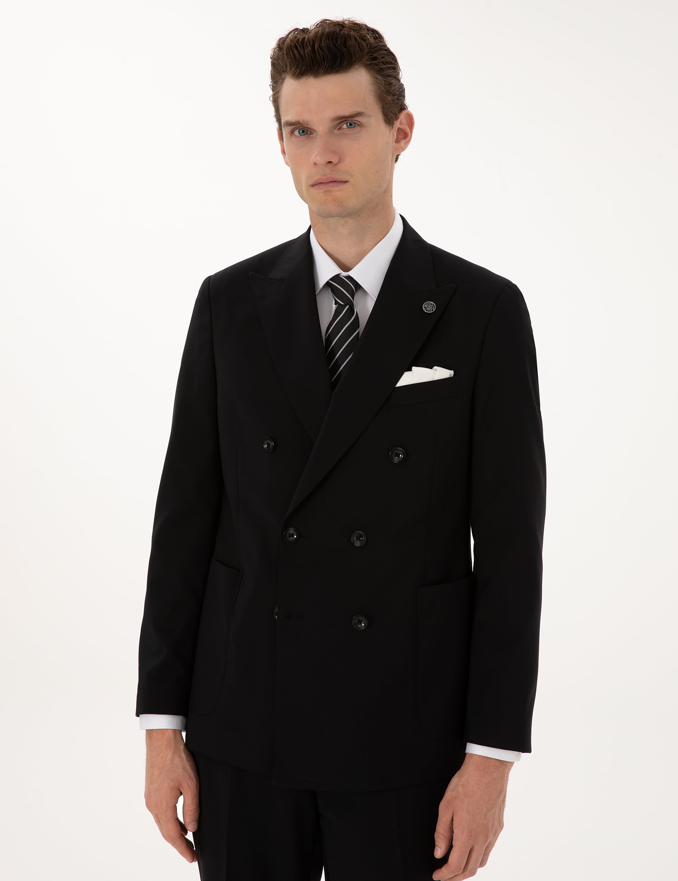 Siyah Ex. Slim Fit %100 Yün Kruvaze Takım Elbise