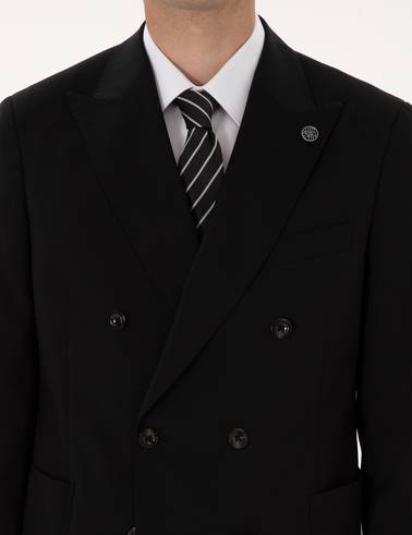 Siyah Ex. Slim Fit %100 Yün Kruvaze Takım Elbise