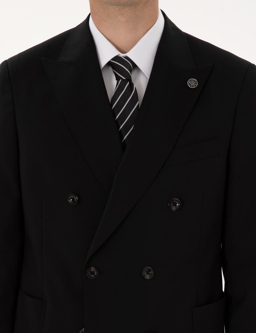 Siyah Ex. Slim Fit %100 Yün Kruvaze Takım Elbise