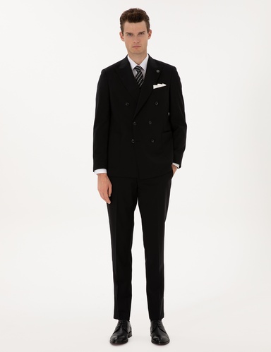 Siyah Ex. Slim Fit %100 Yün Kruvaze Takım Elbise