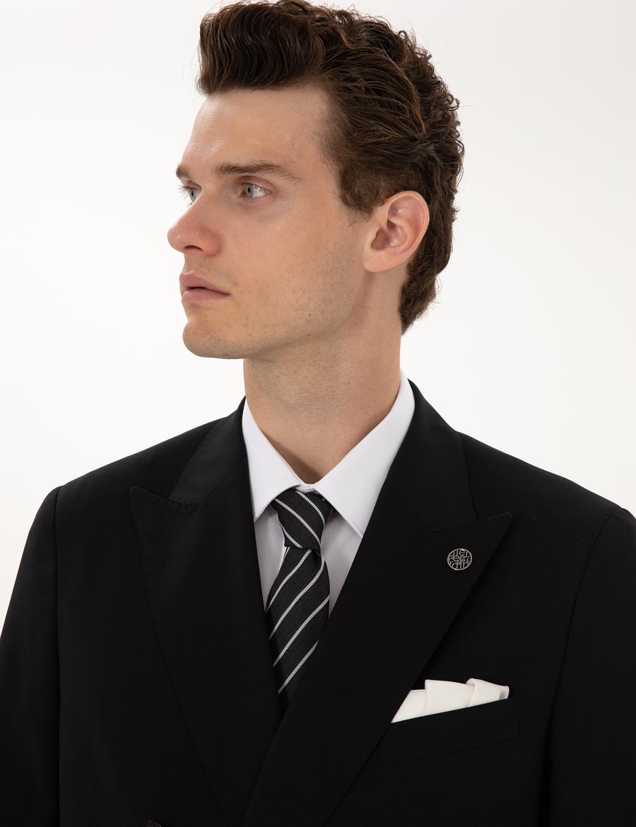 Siyah Ex. Slim Fit %100 Yün Kruvaze Takım Elbise