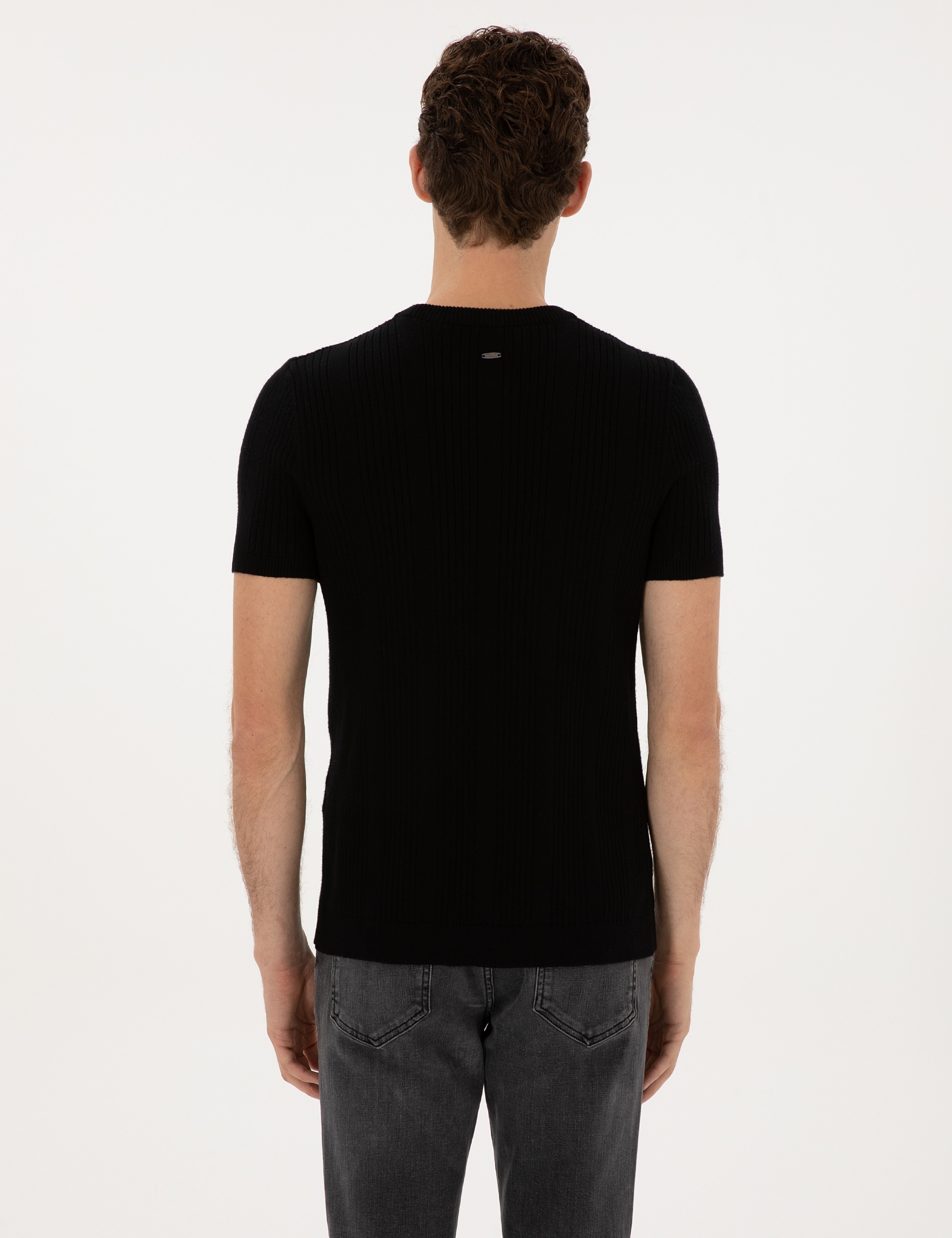 Siyah Slim Fit Bisiklet Yaka Triko Kazak