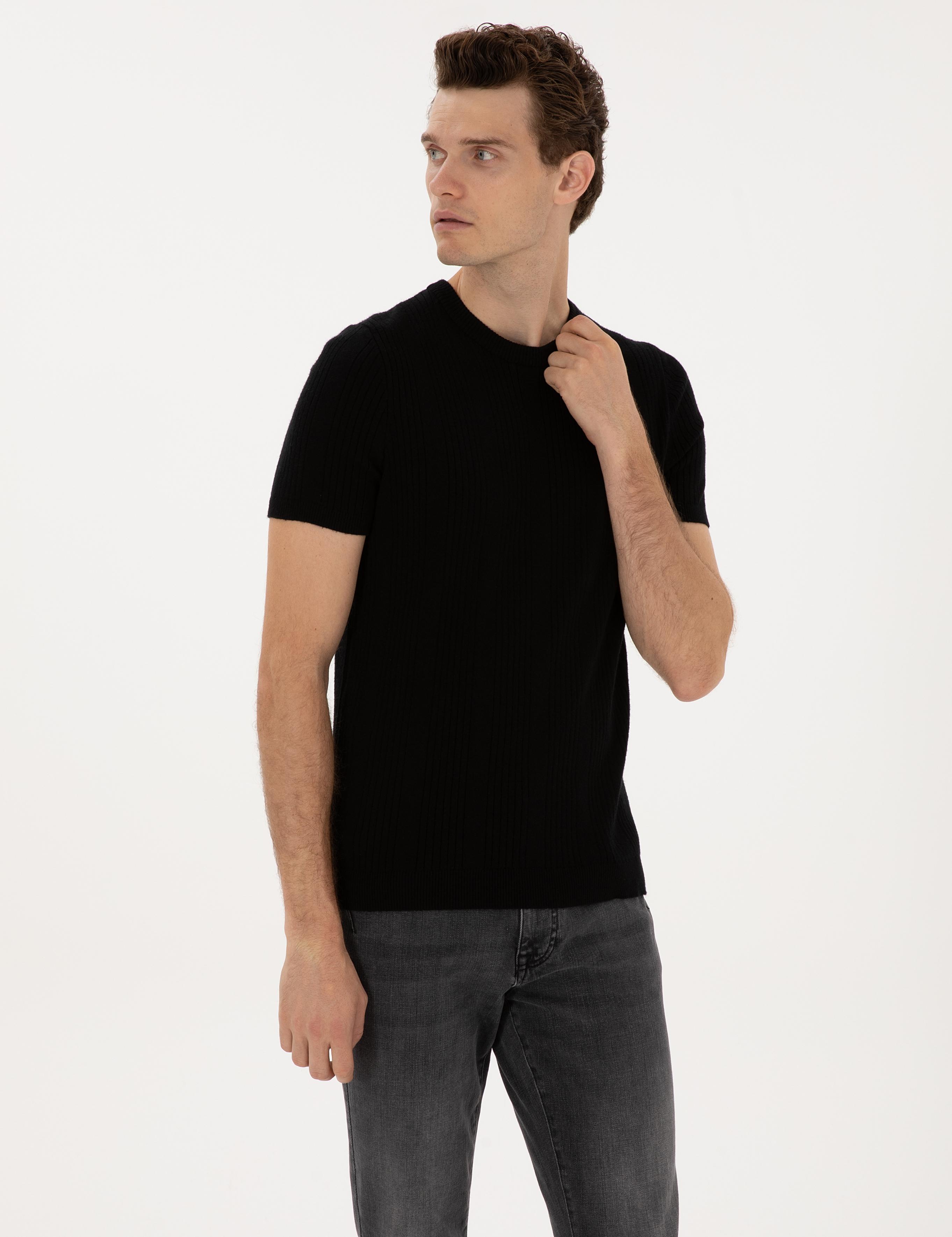 Siyah Slim Fit Bisiklet Yaka Triko Kazak