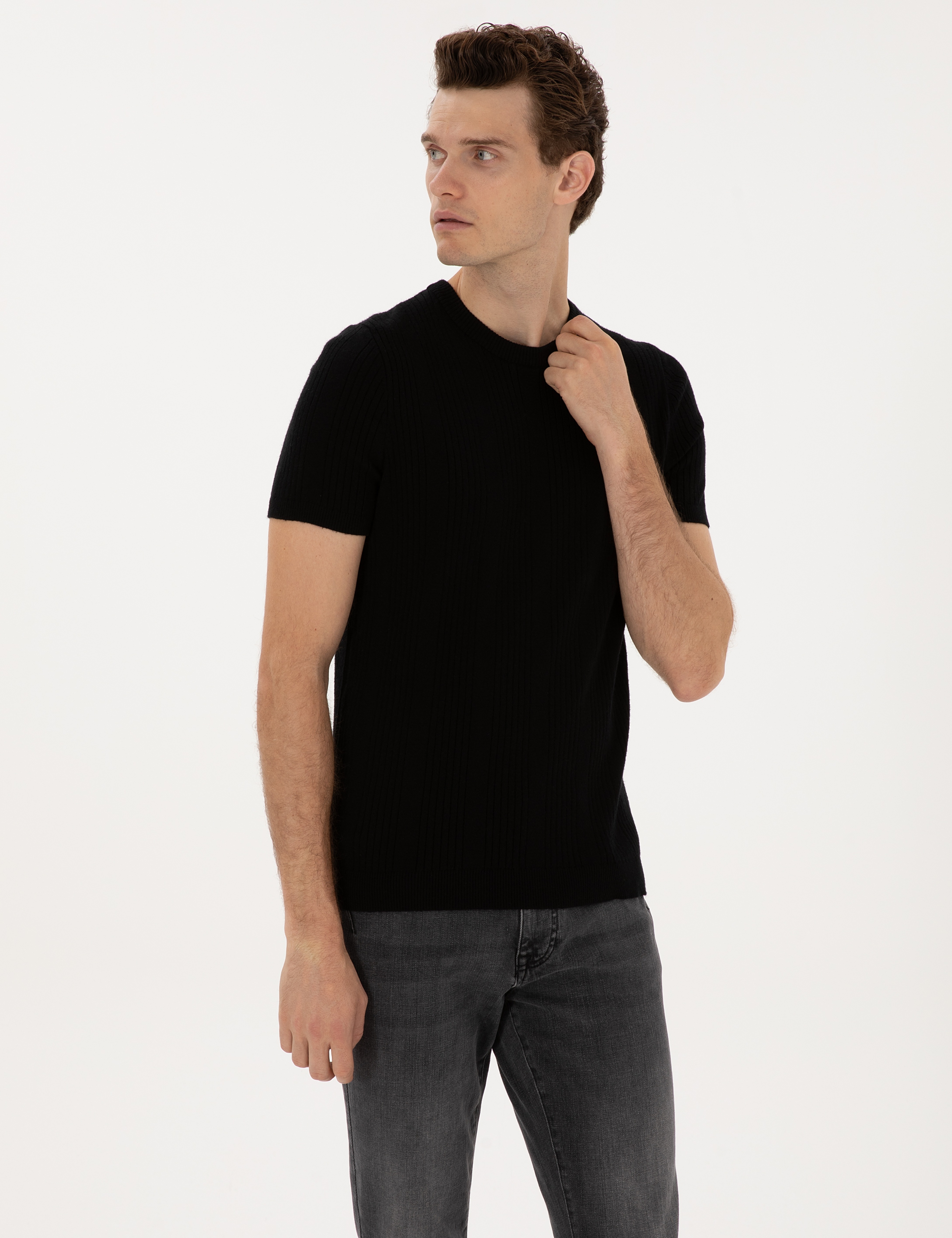 Siyah Slim Fit Bisiklet Yaka Triko Kazak - Image 3