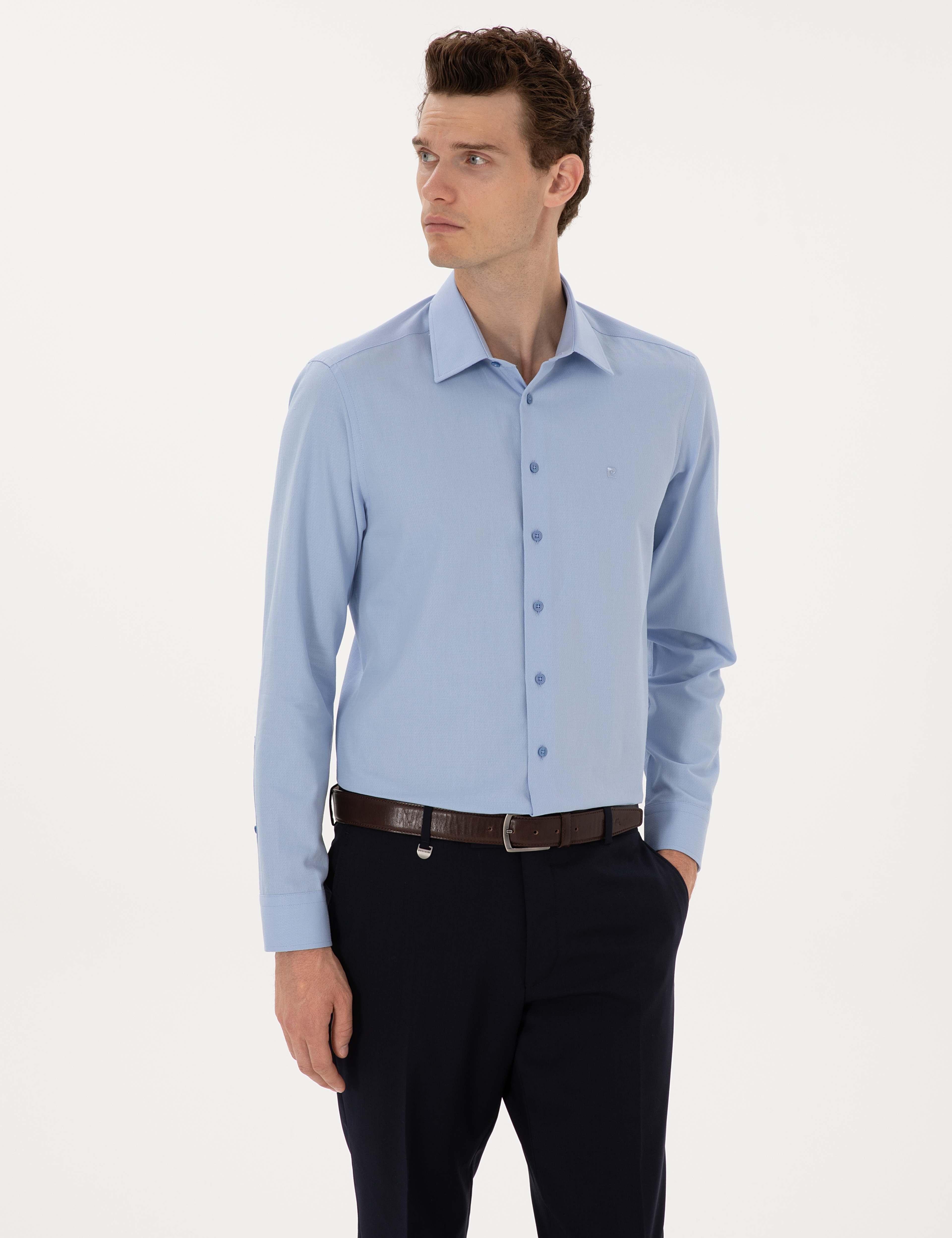 Mavi Slim Fit Armürlü Uzun Kollu Gömlek - Image 3