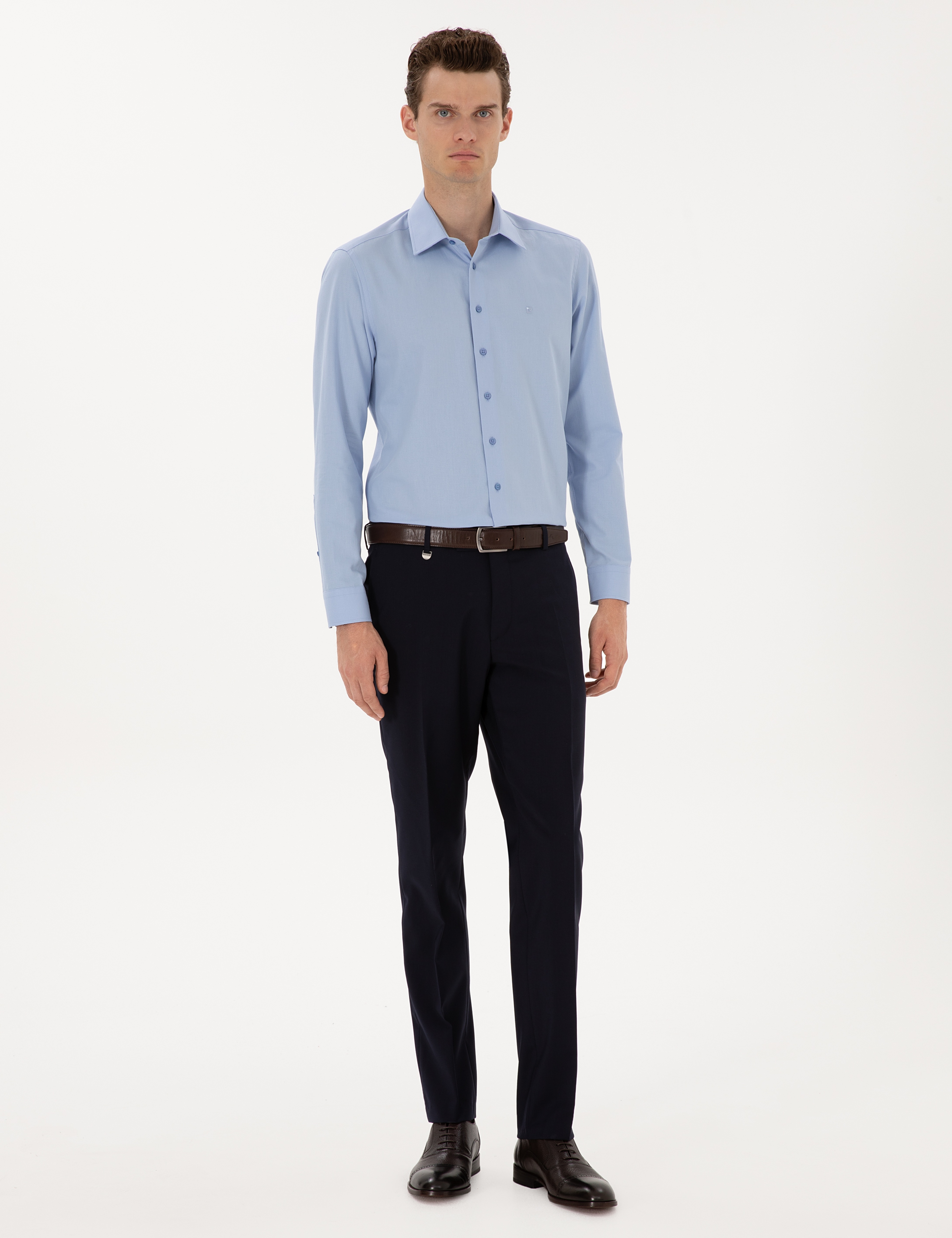 Mavi Slim Fit Armürlü Uzun Kollu Gömlek - Image 4