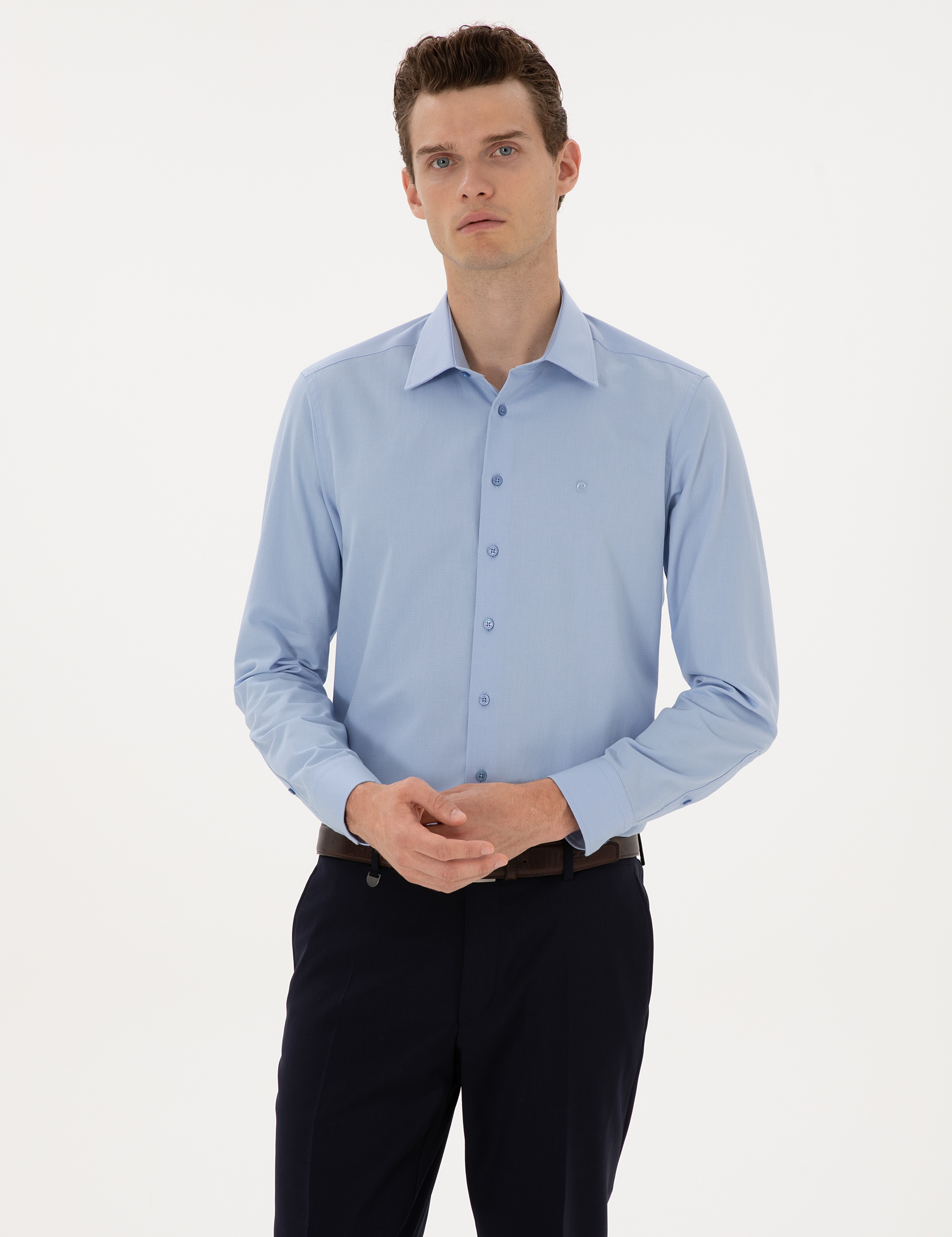 Mavi Slim Fit Armürlü Uzun Kollu Gömlek - Image 1