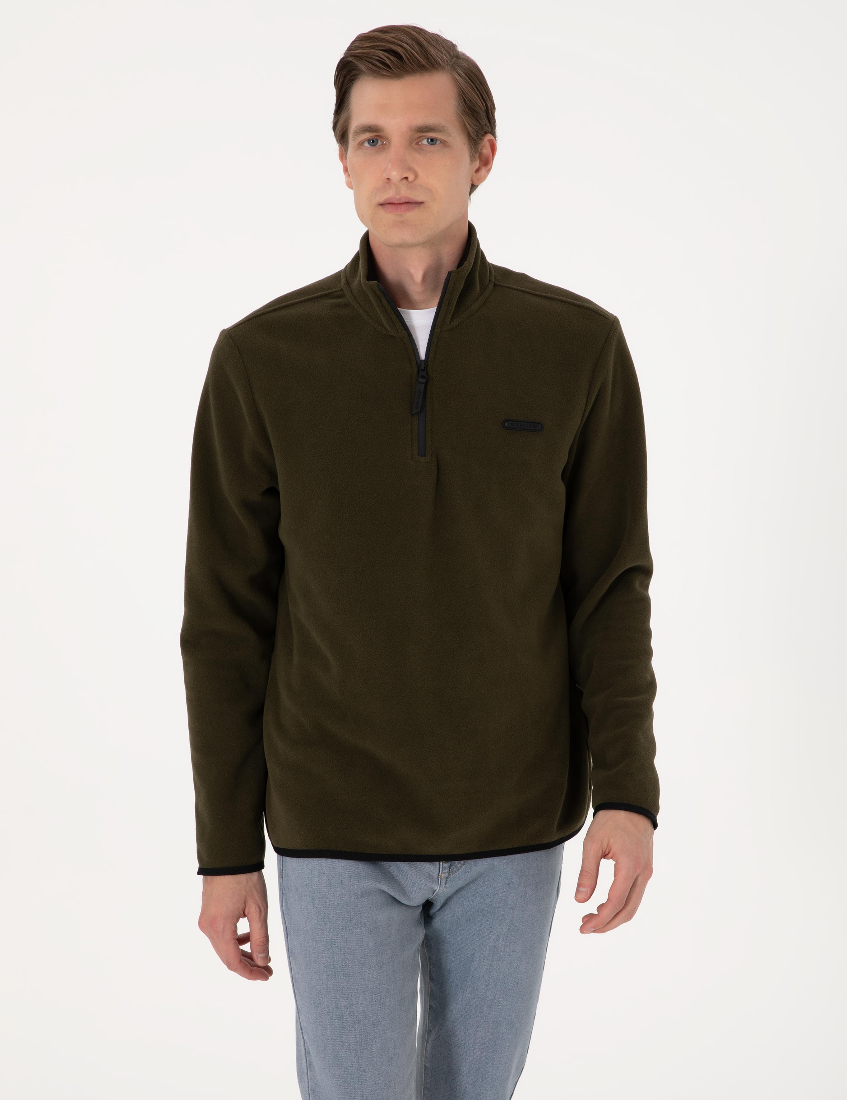 Haki Regular Fit Yarım Fermuarlı Polar Sweatshirt