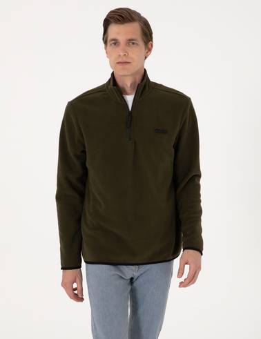Haki Regular Fit Yarım Fermuarlı Polar Sweatshirt