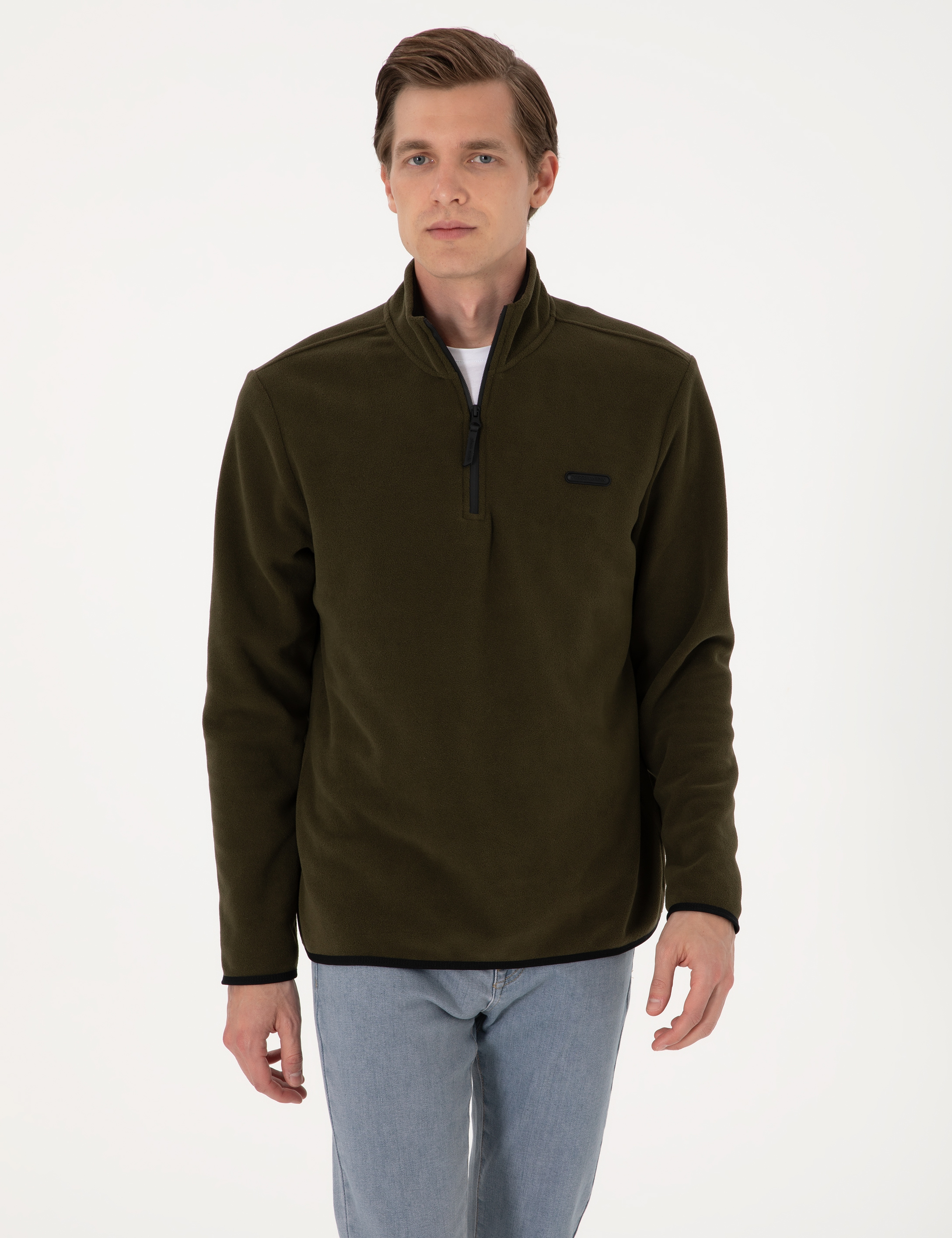 Haki Regular Fit Yarım Fermuarlı Polar Sweatshirt