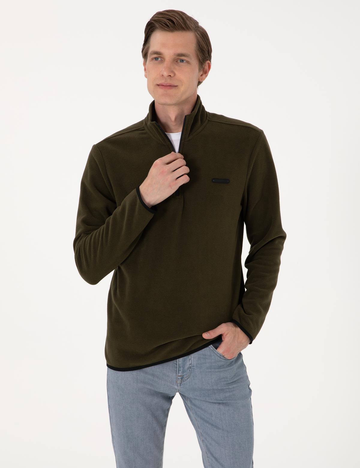 Haki Regular Fit Yarım Fermuarlı Polar Sweatshirt