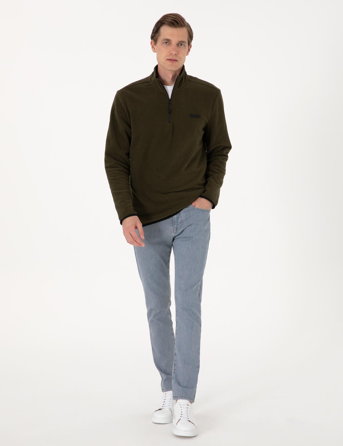 Haki Regular Fit Yarım Fermuarlı Polar Sweatshirt - 50314056047