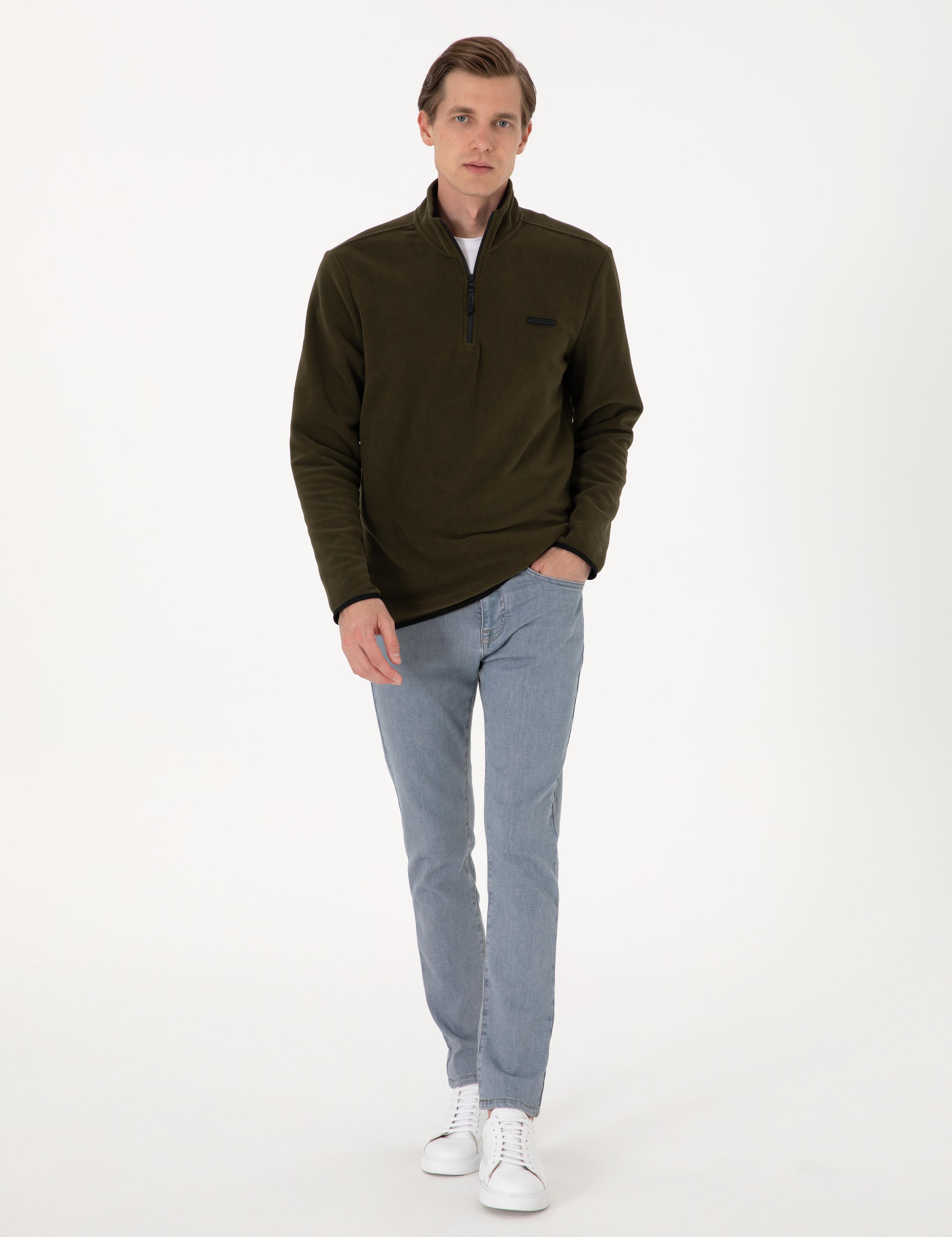 Haki Regular Fit Yarım Fermuarlı Polar Sweatshirt