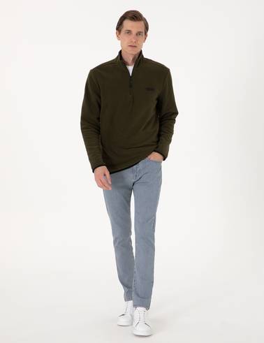 Haki Regular Fit Yarım Fermuarlı Polar Sweatshirt