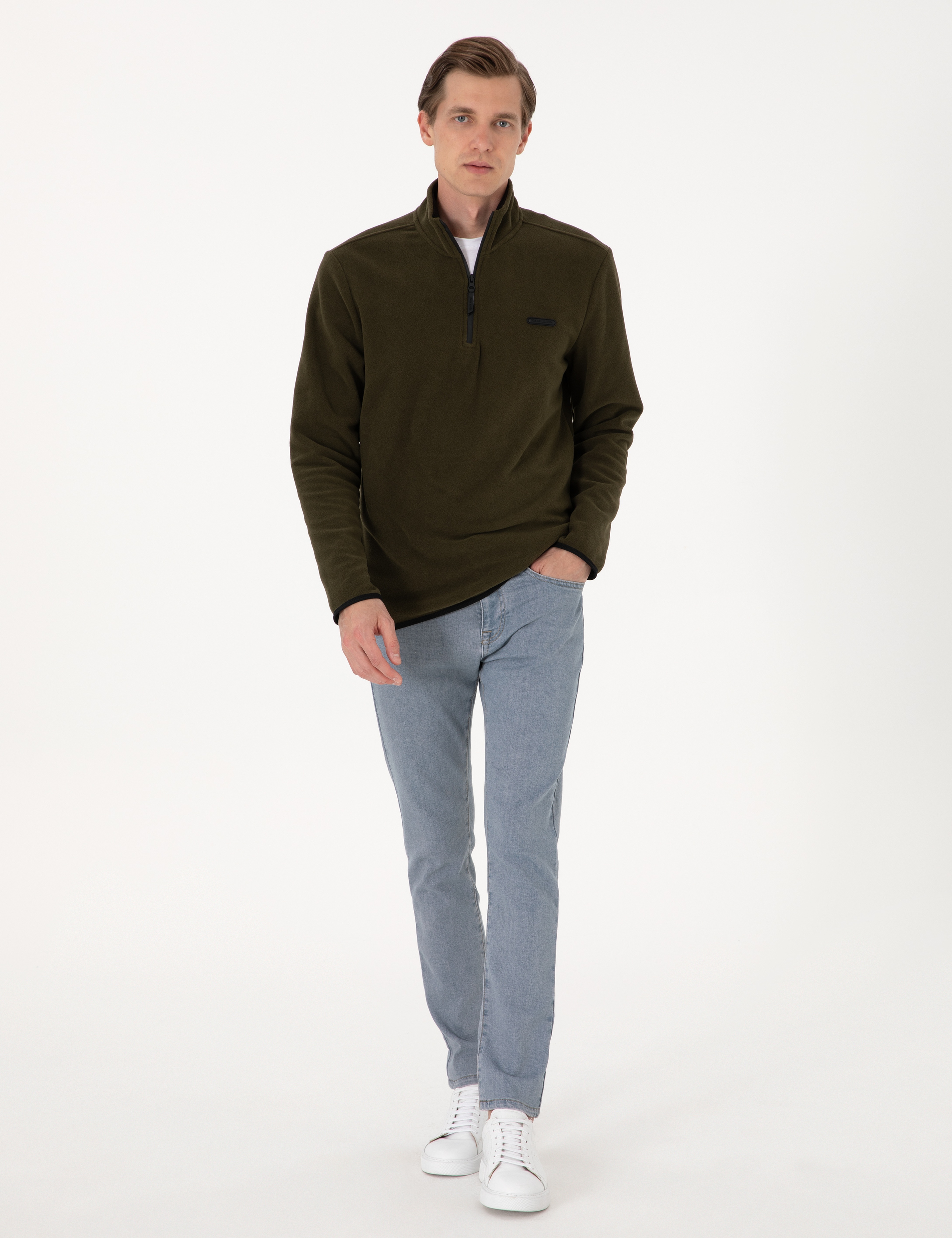 Haki Regular Fit Yarım Fermuarlı Polar Sweatshirt - Image 4
