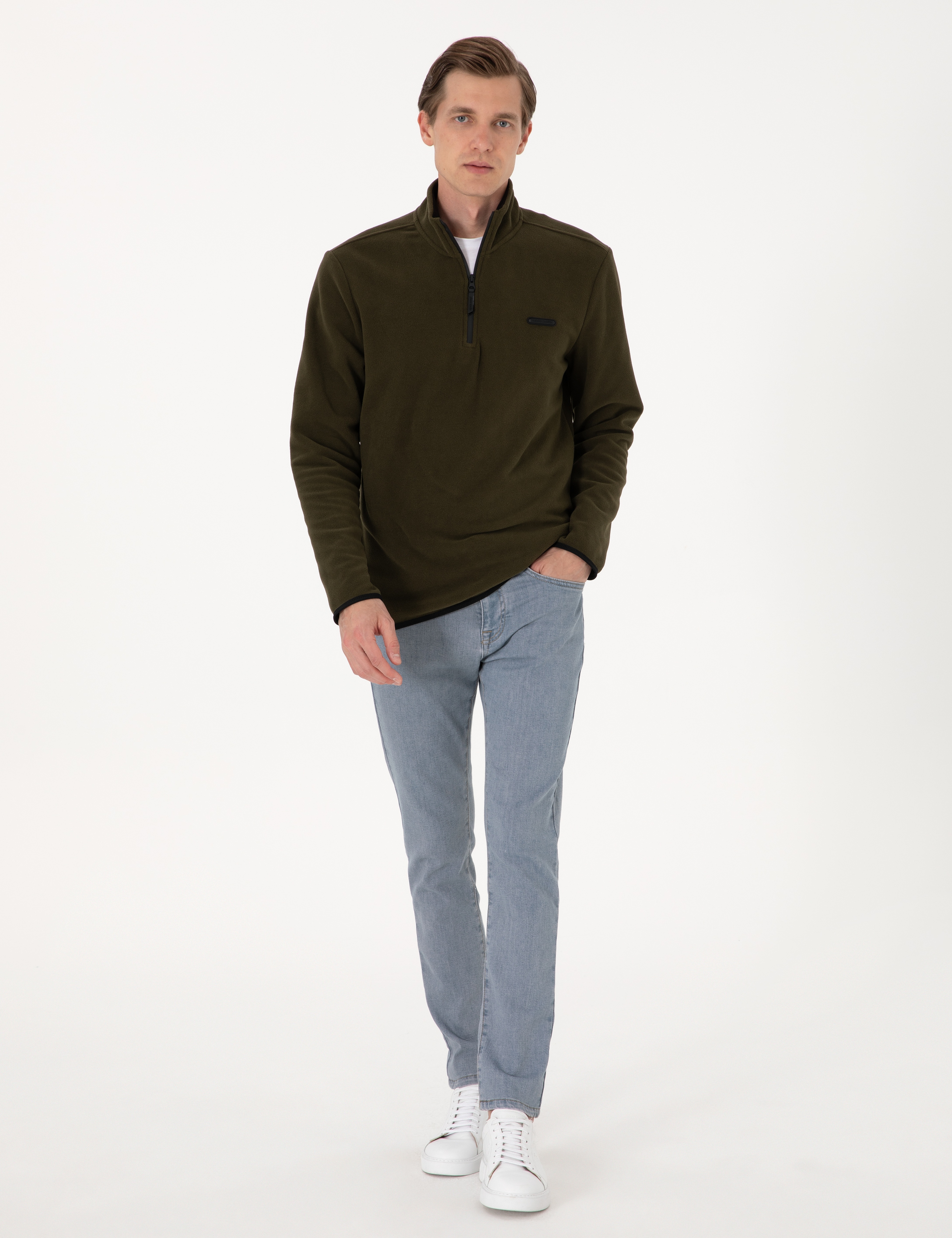 Haki Regular Fit Yarım Fermuarlı Polar Sweatshirt