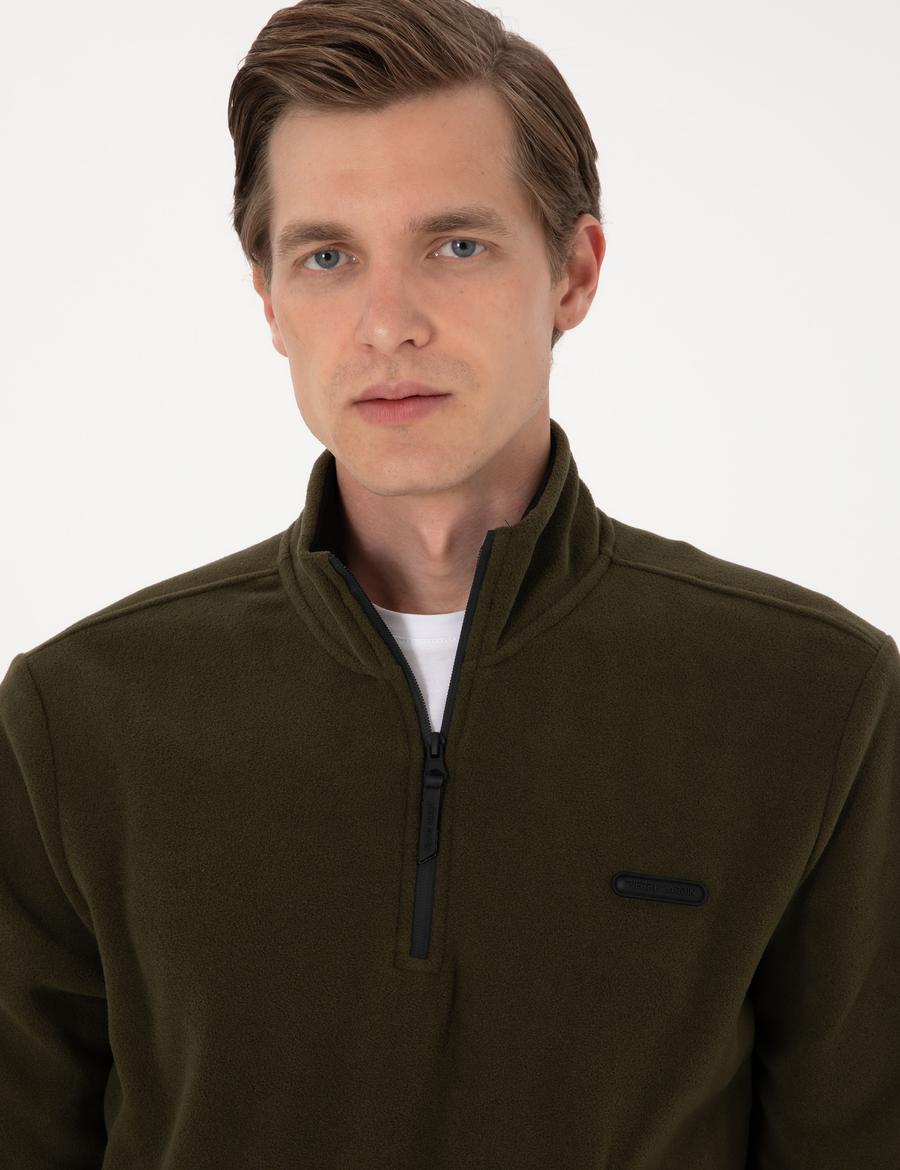Haki Regular Fit Yarım Fermuarlı Polar Sweatshirt