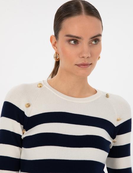 Ekru Slim Fit Düğme Detaylı Kazak - 50316300003