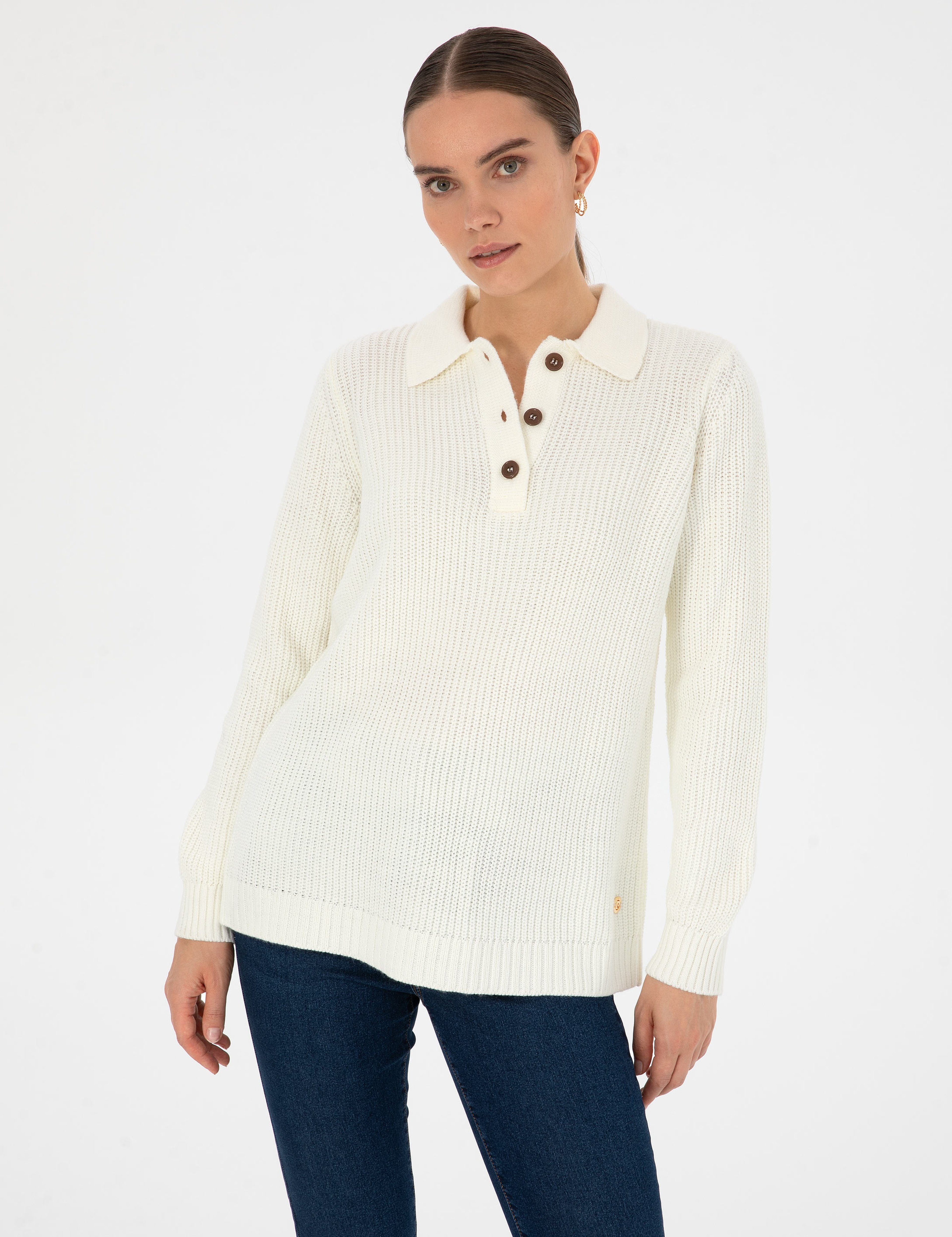 Bej Regular Fit Polo Yaka Kazak - Image 2