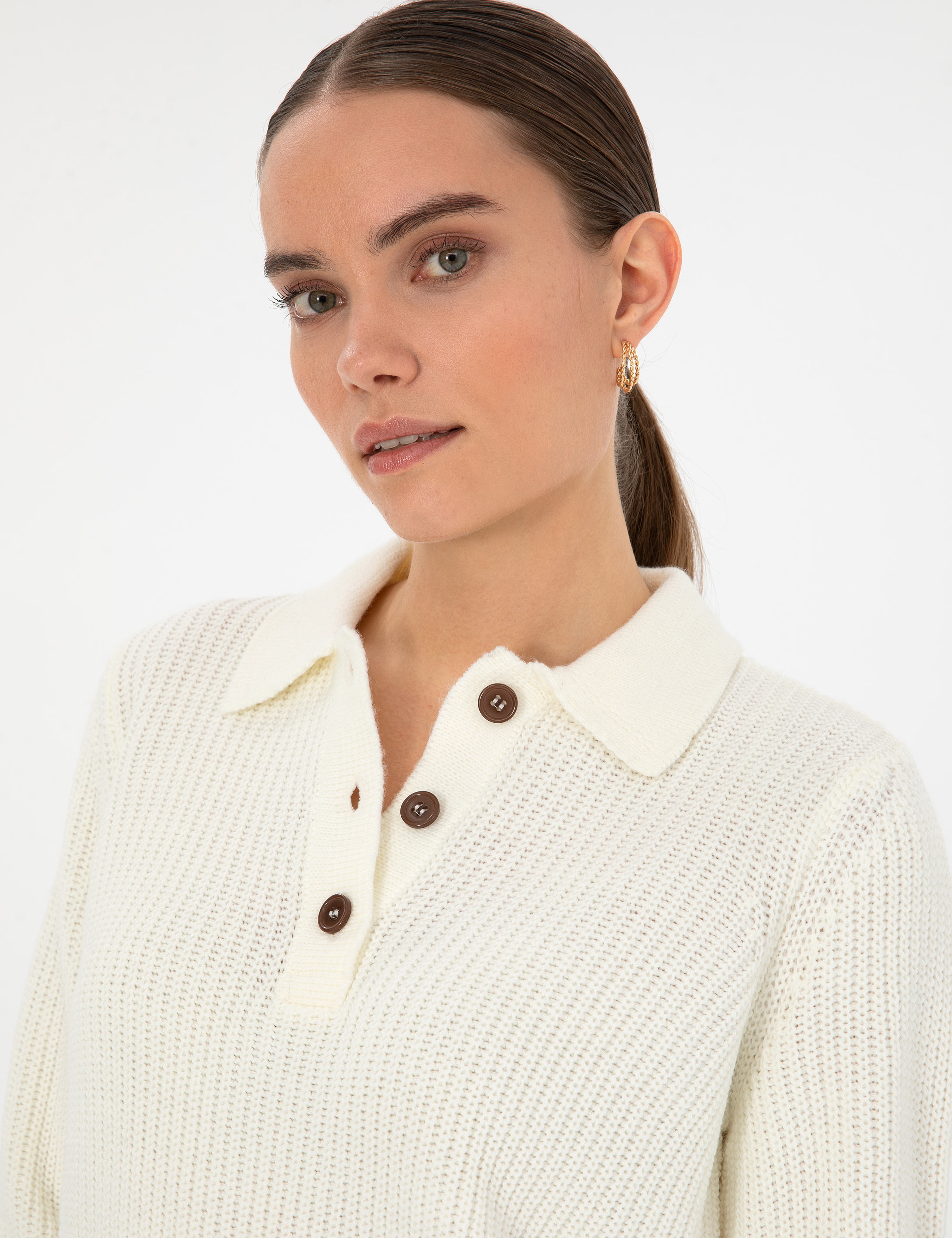 Bej Regular Fit Polo Yaka Kazak - Image 3