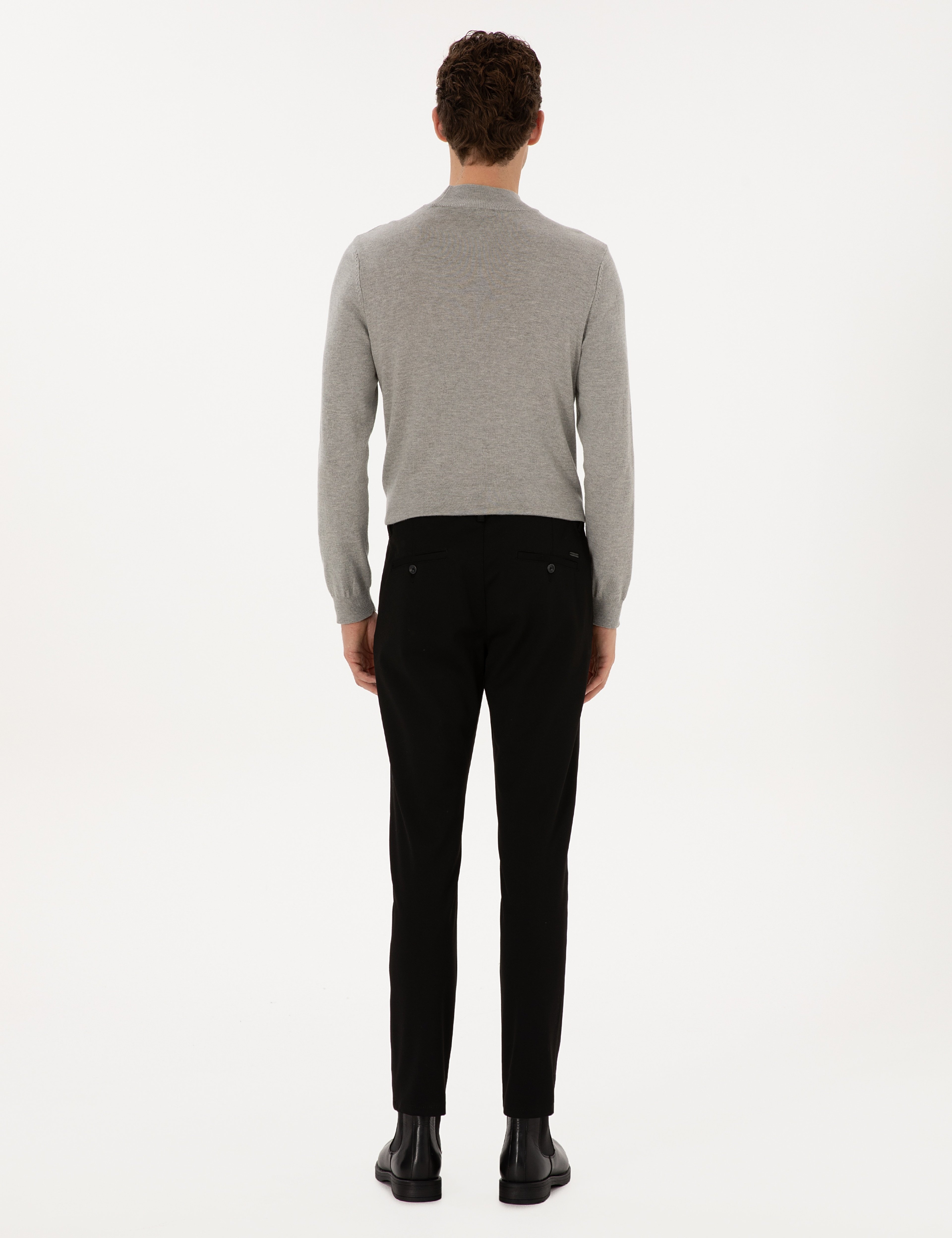 Siyah Slim Fit Kordonlu Kanvas Pantolon - Image 4