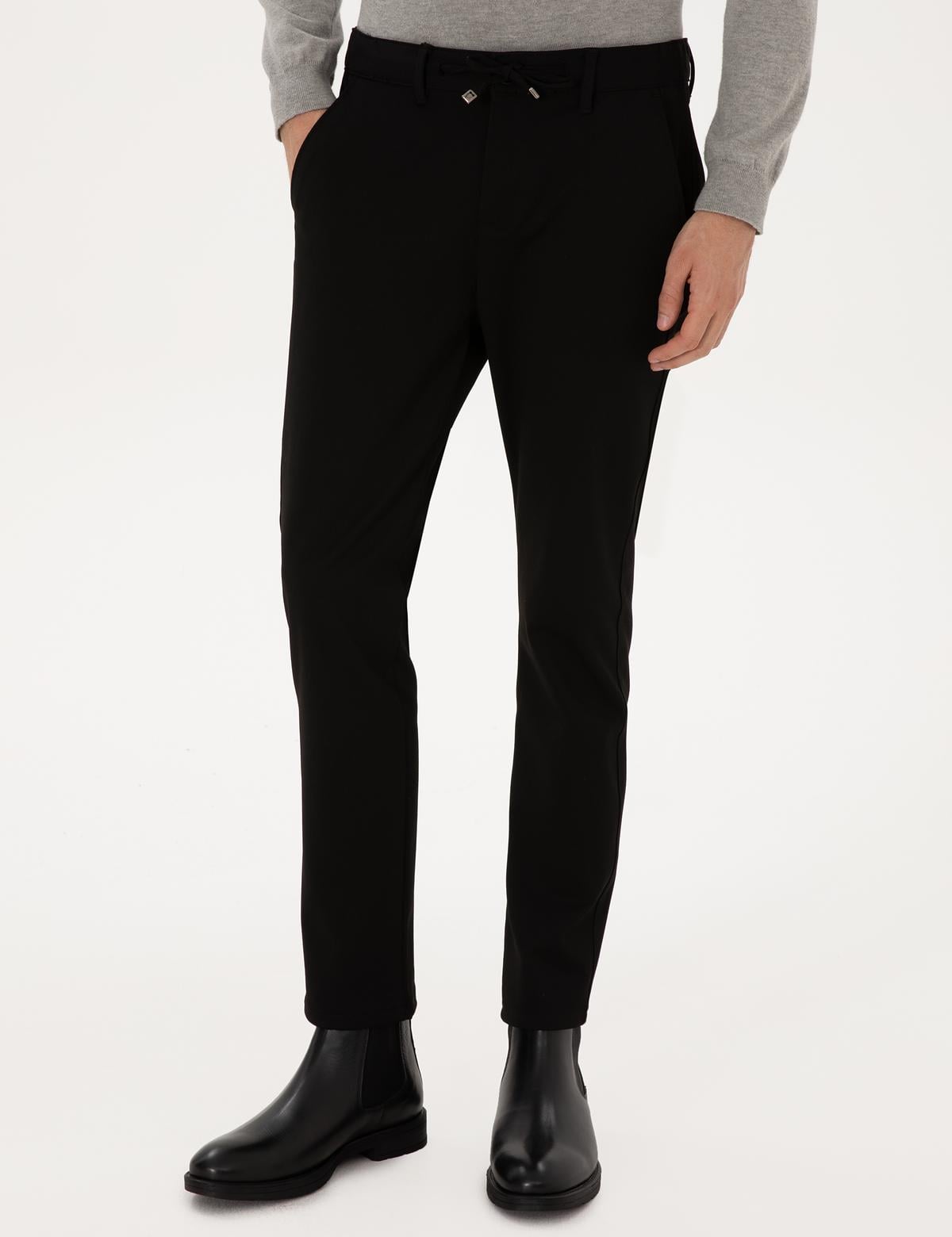 Siyah Slim Fit Kordonlu Kanvas Pantolon - 50309931118