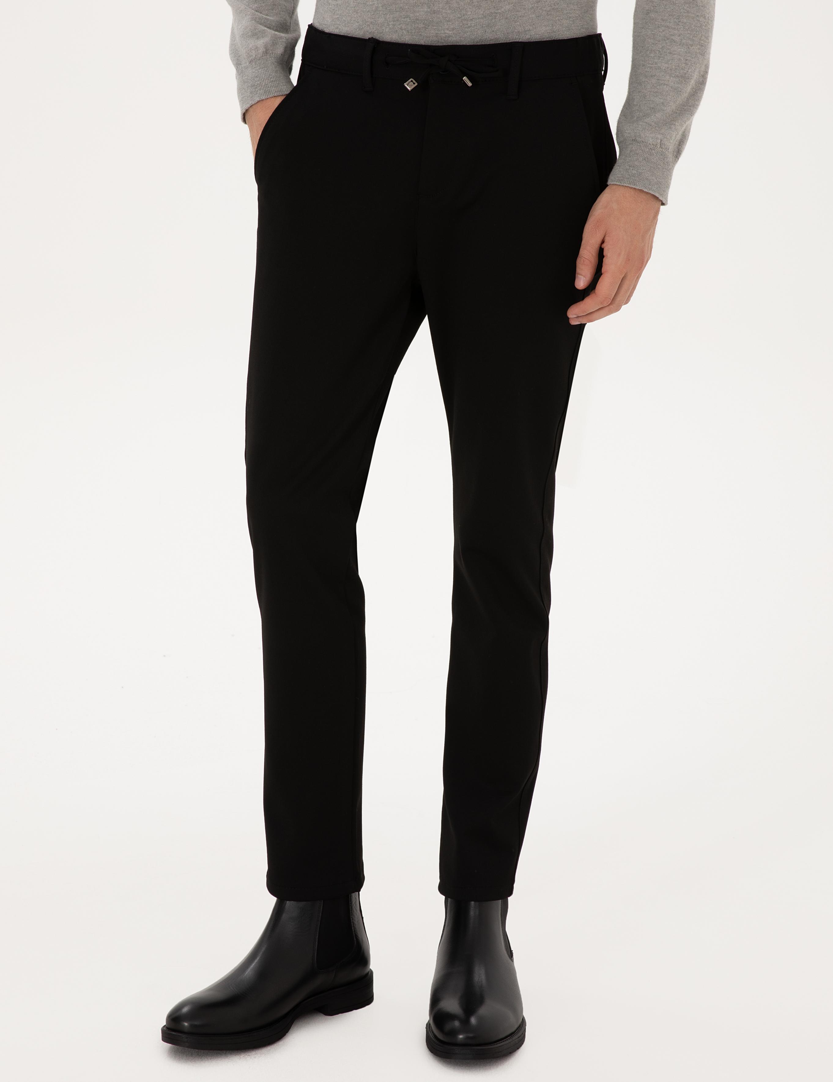 Siyah Slim Fit Kordonlu Kanvas Pantolon