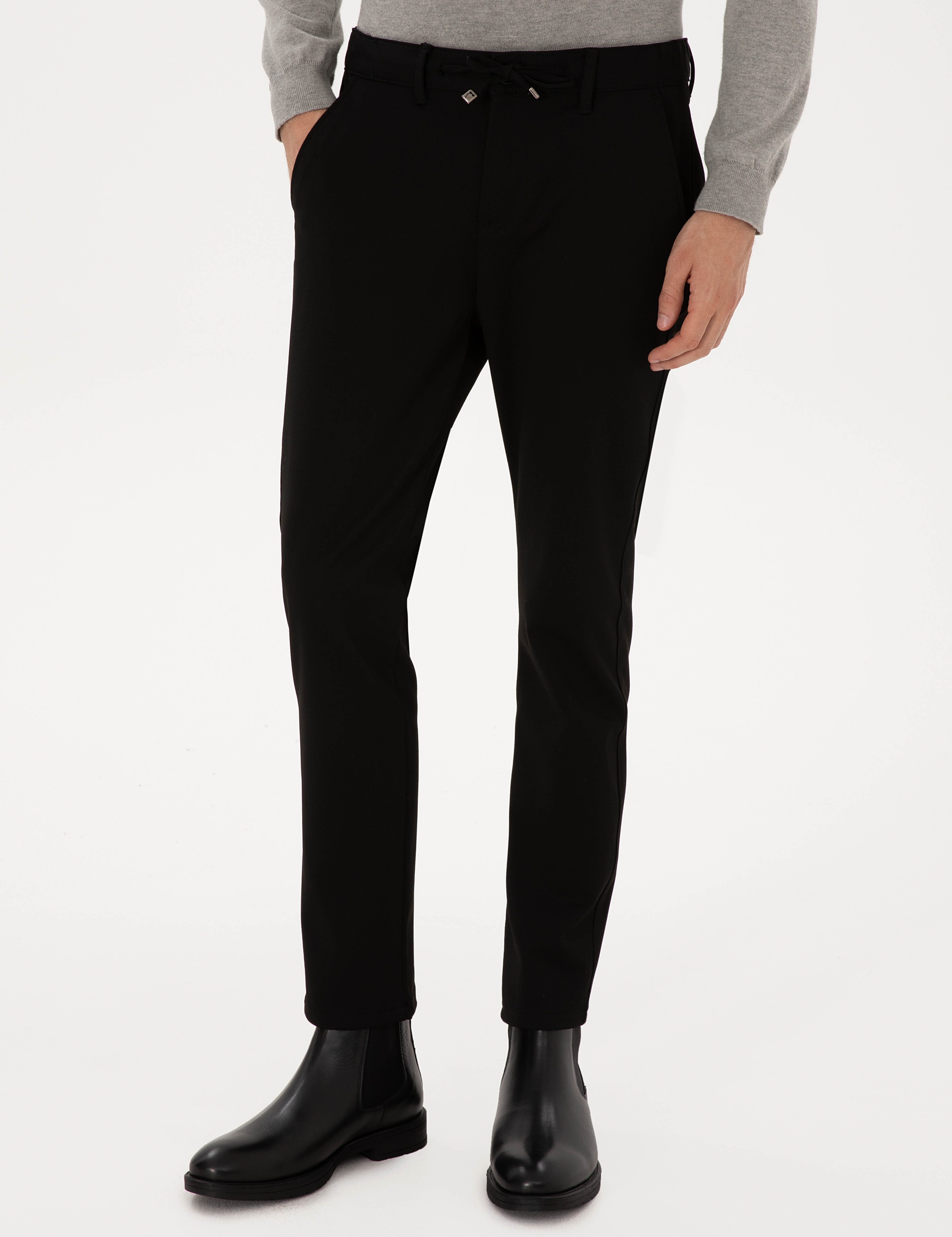 Siyah Slim Fit Kordonlu Kanvas Pantolon - Image 2