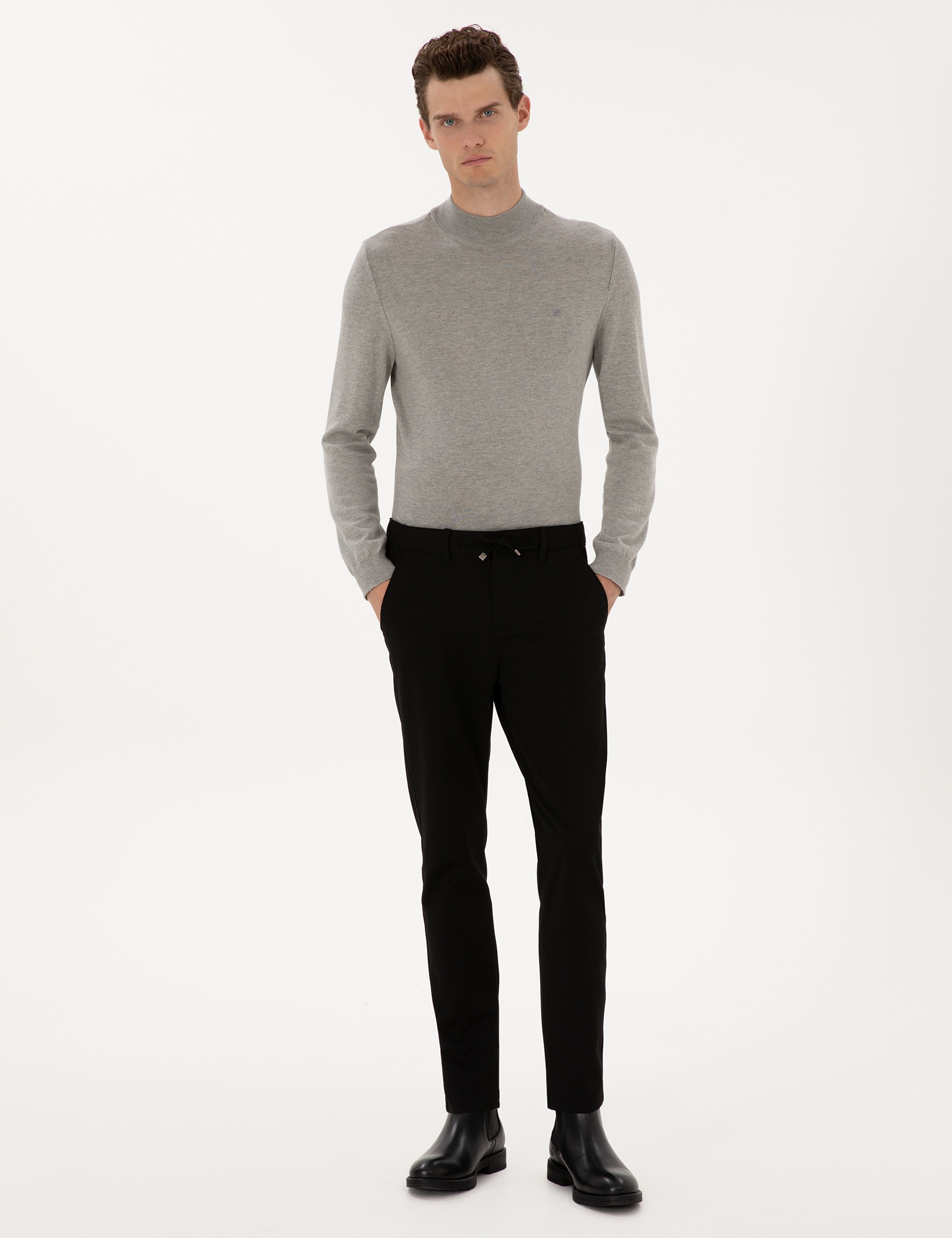 Siyah Slim Fit Kordonlu Kanvas Pantolon - Image 1