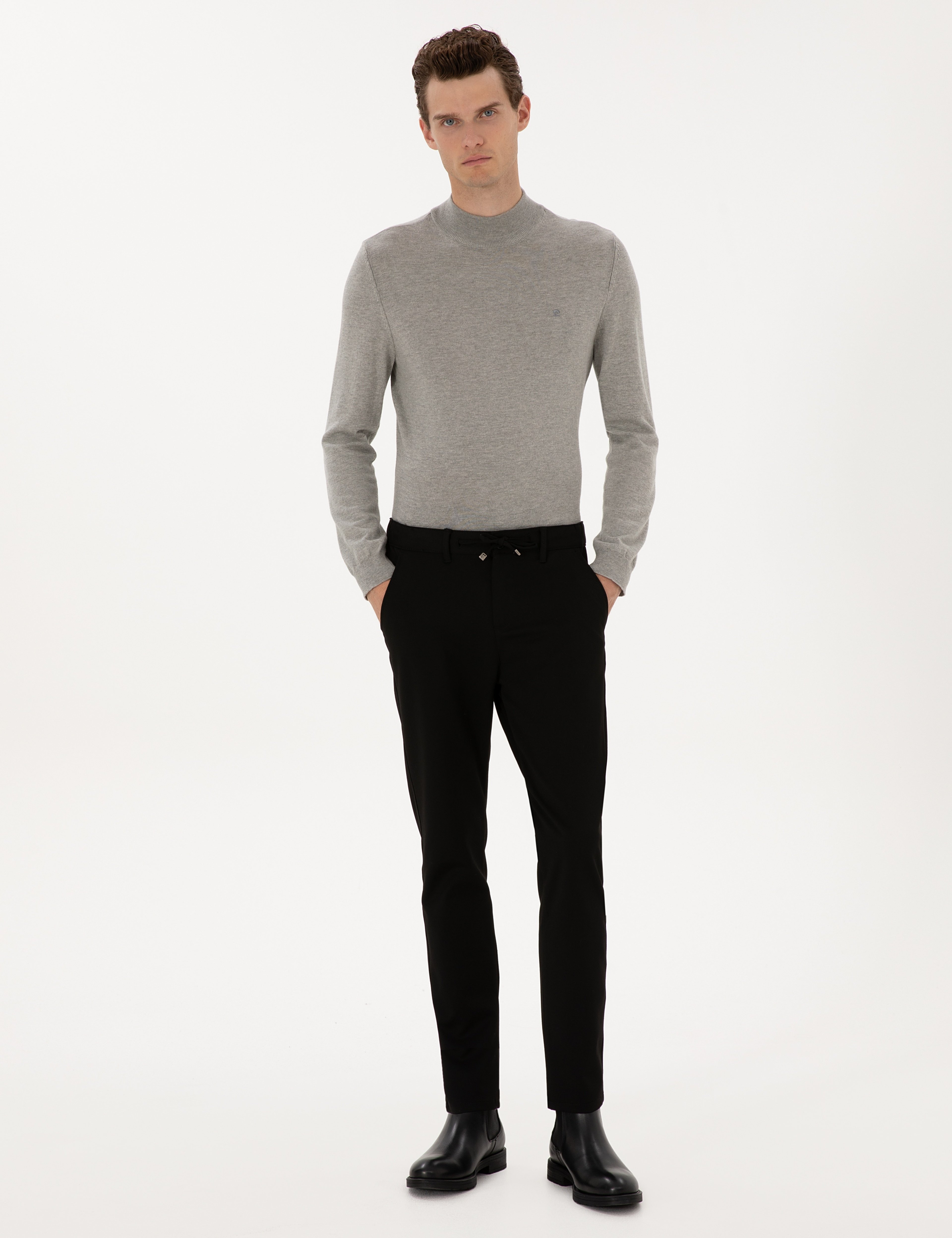 Siyah Slim Fit Kordonlu Kanvas Pantolon