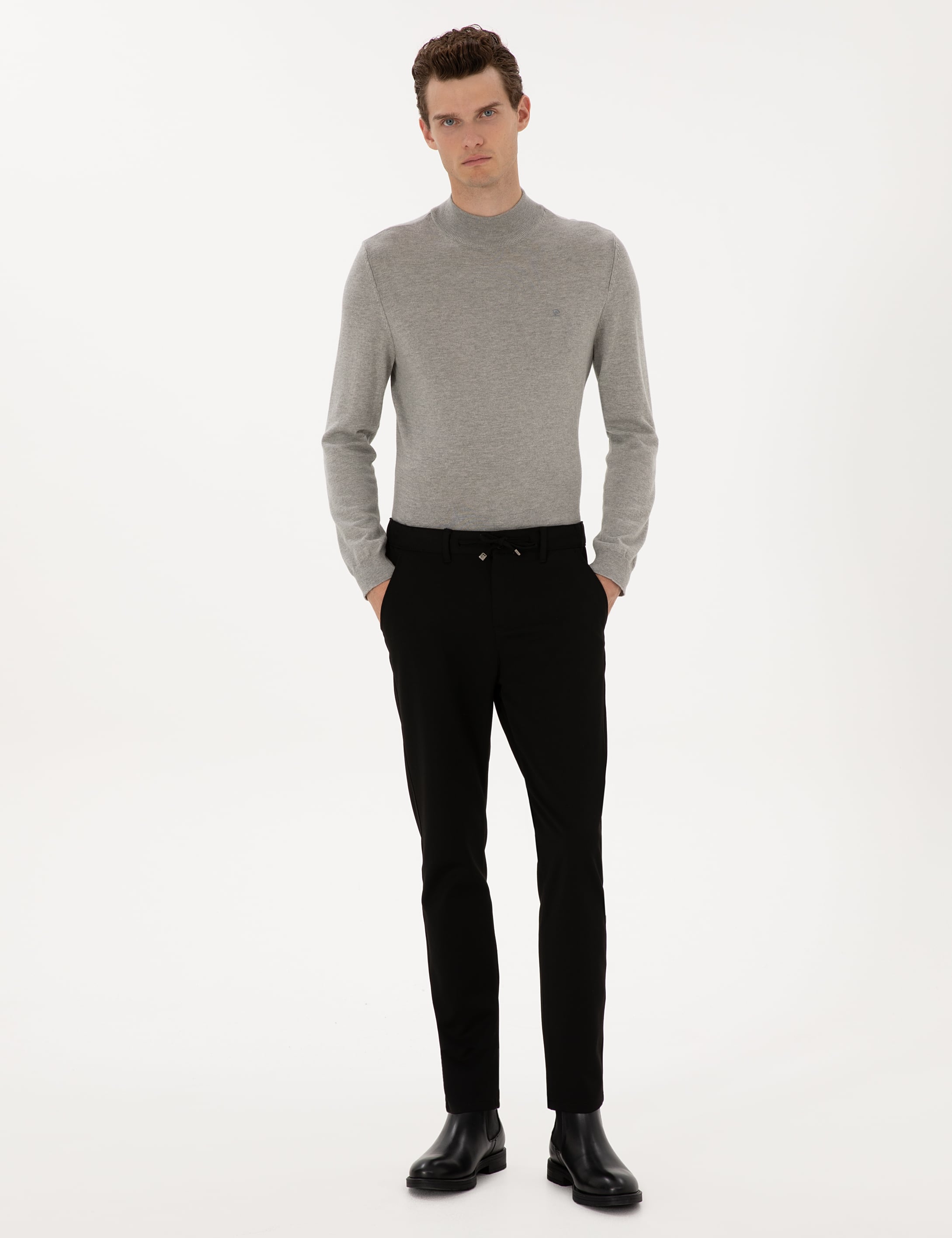 Siyah Slim Fit Kordonlu Kanvas Pantolon