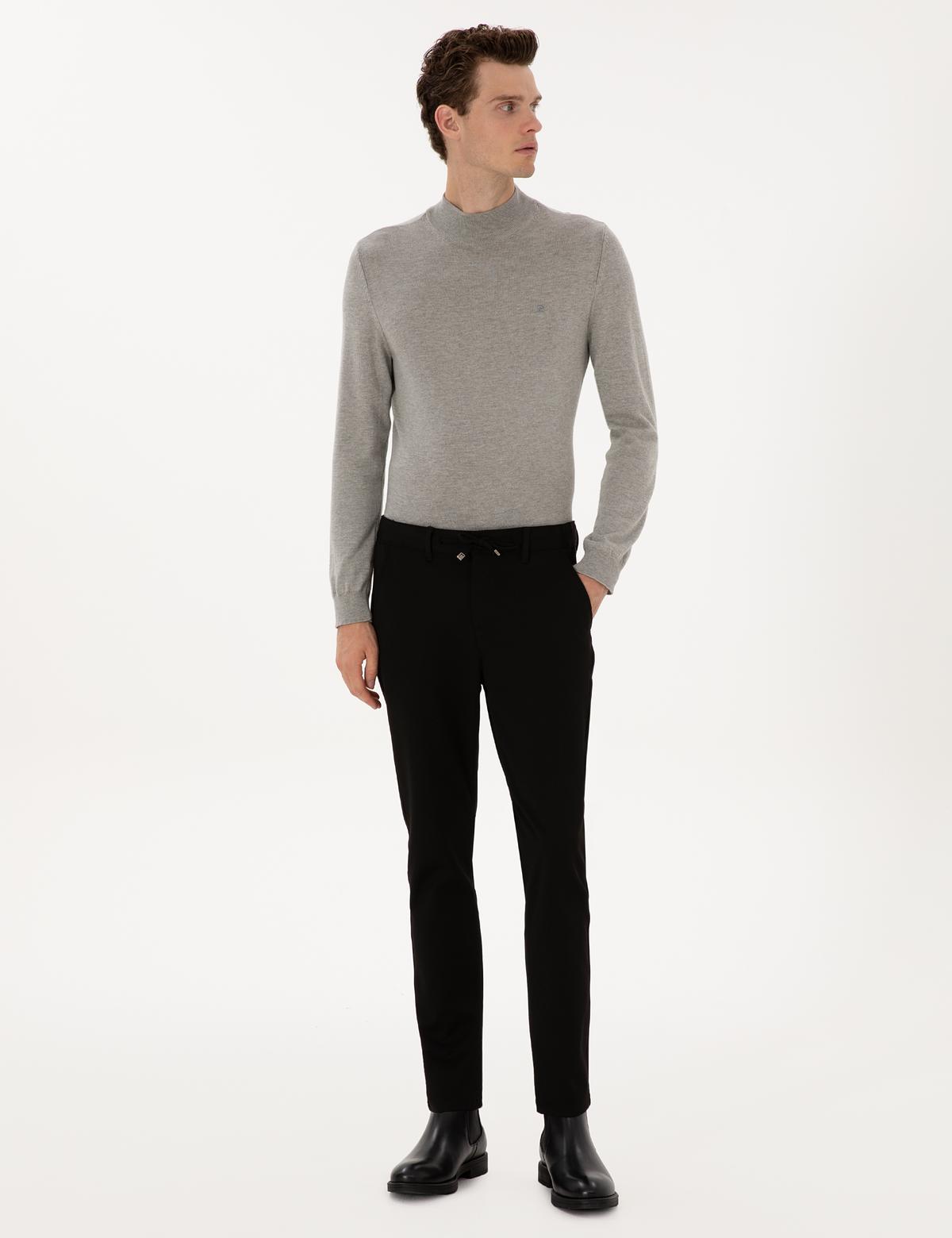 Siyah Slim Fit Kordonlu Kanvas Pantolon - 50309931118