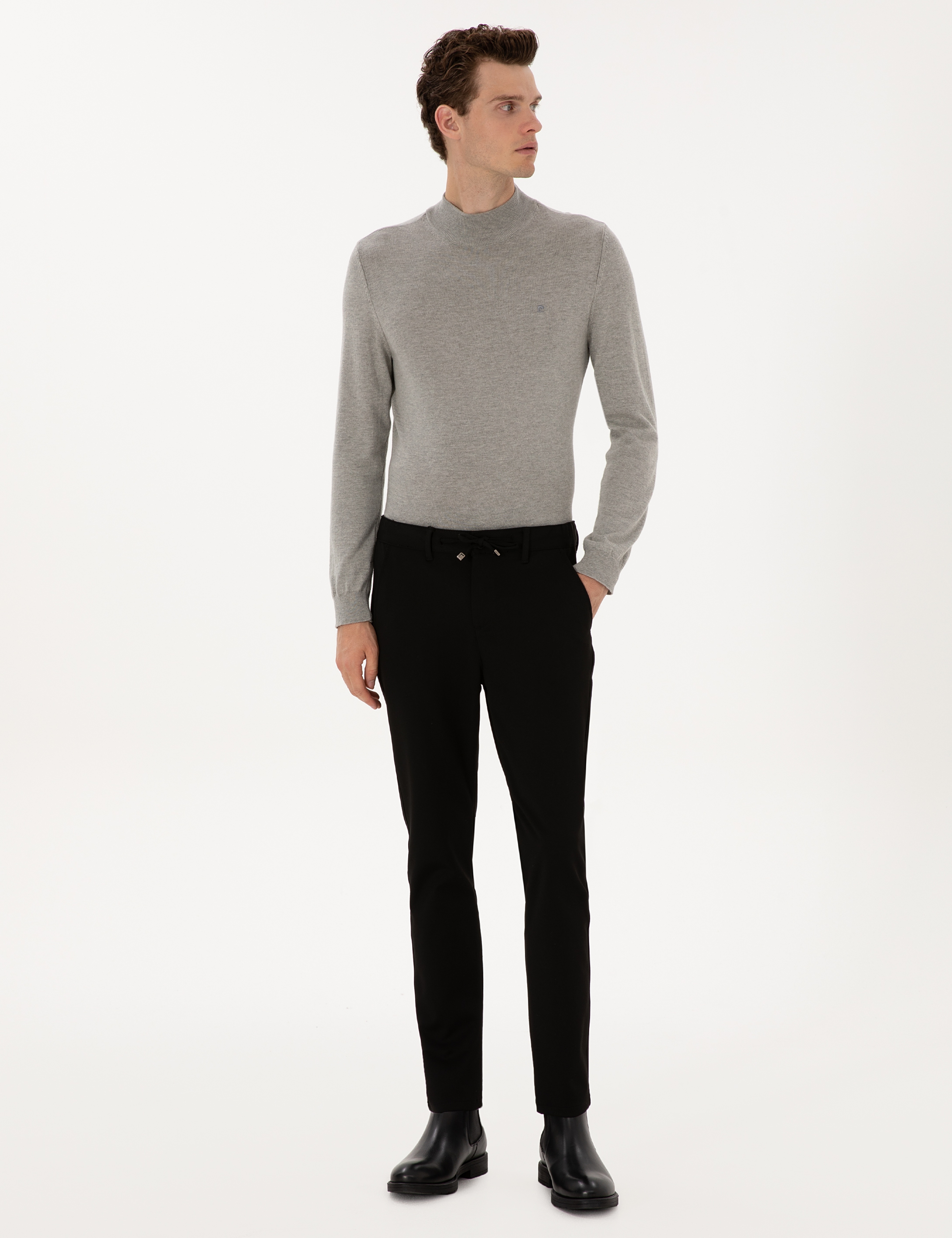 Siyah Slim Fit Kordonlu Kanvas Pantolon - Image 3