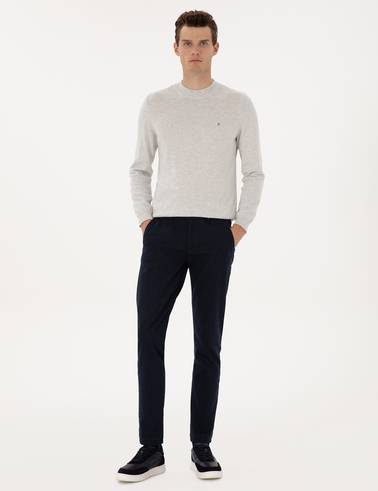 Lacivert Slim Fit Beli Lastikli Kanvas Pantolon