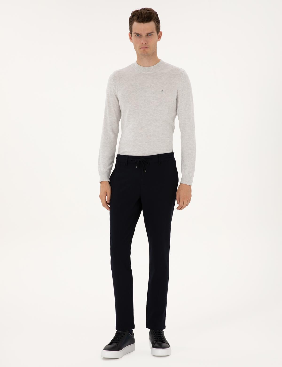 Lacivert Slim Fit Beli Lastikli Kordonlu Kanvas Pantolon