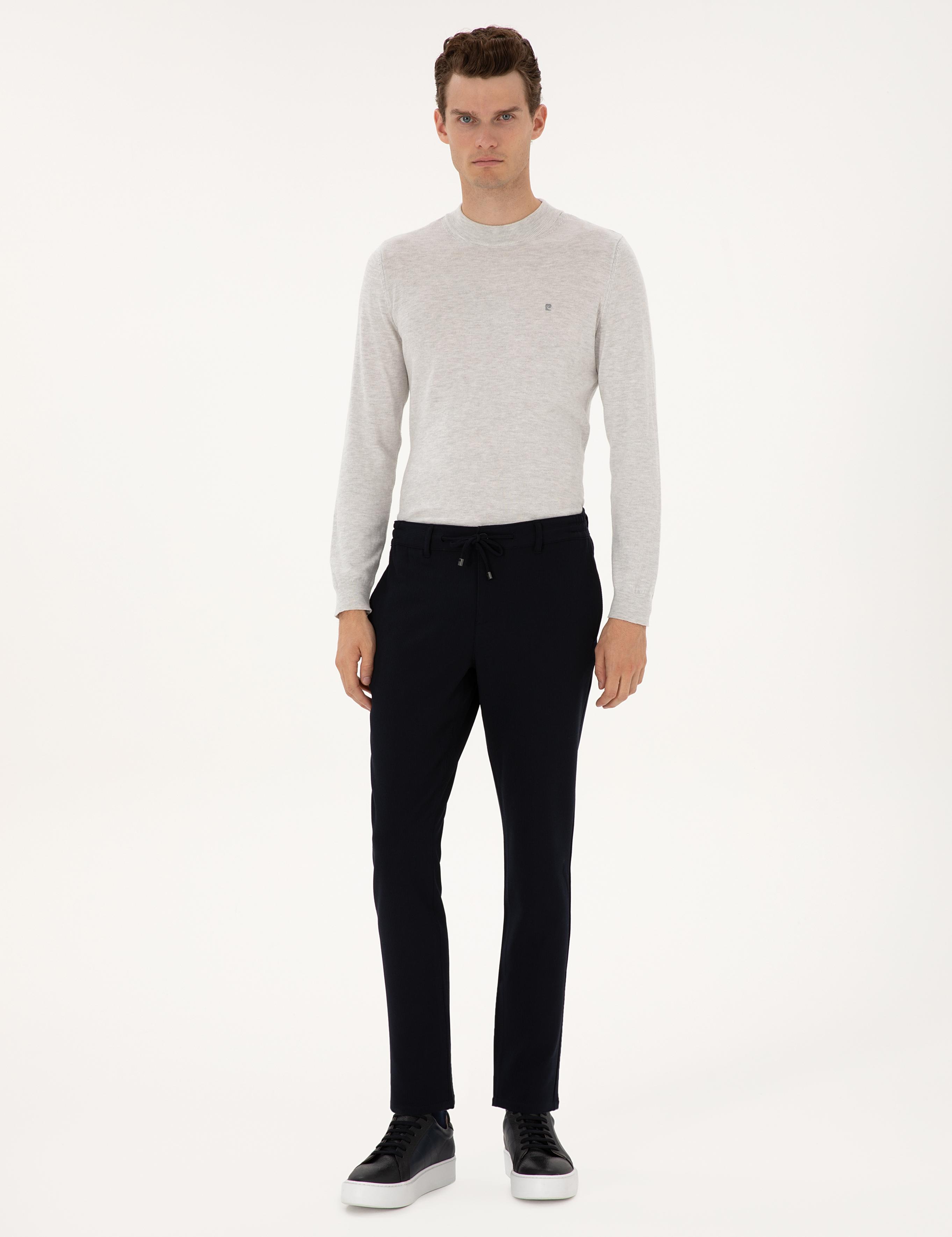 Lacivert Slim Fit Beli Lastikli Kordonlu Kanvas Pantolon