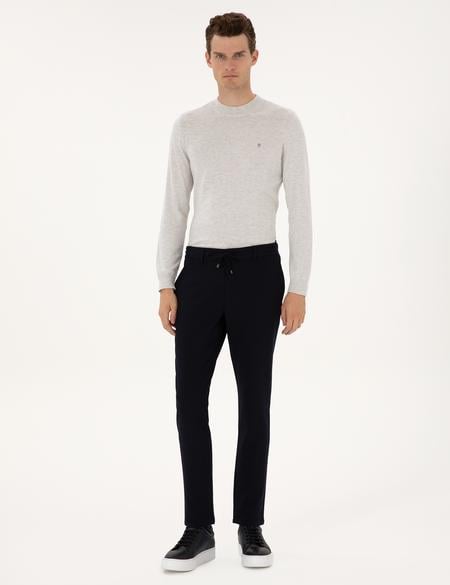 Lacivert Slim Fit Beli Lastikli Kordonlu Kanvas Pantolon - 50309926184