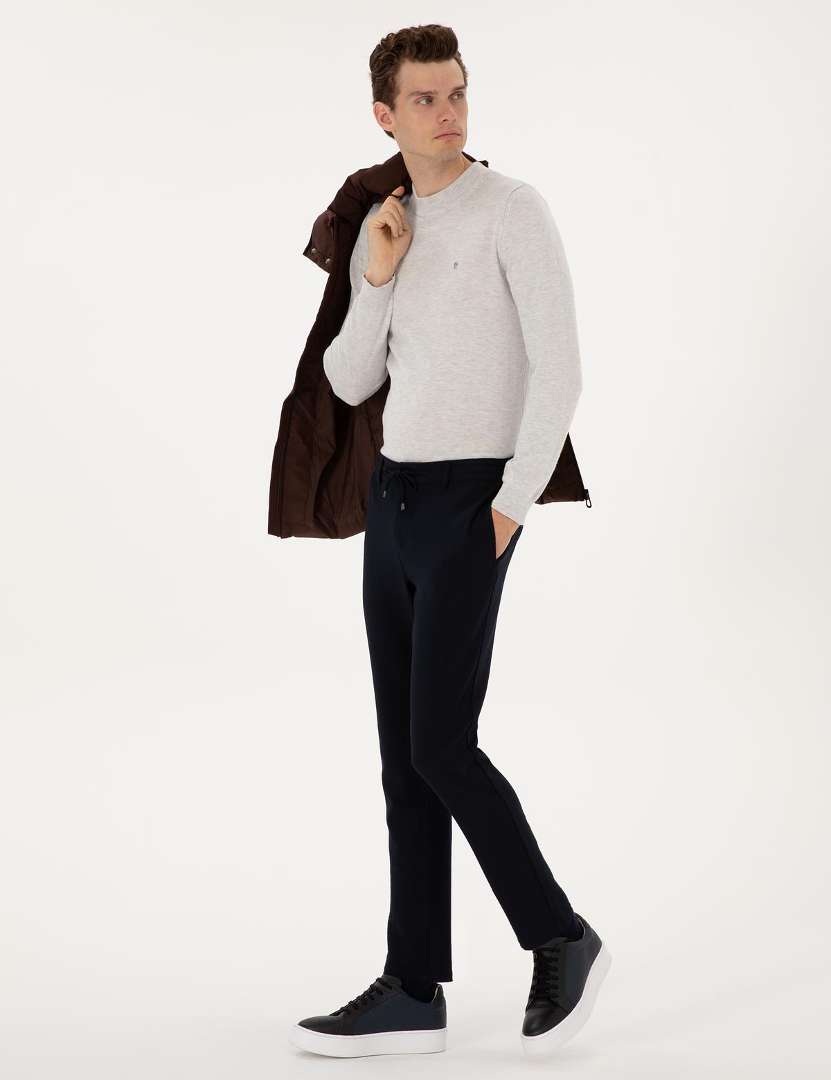 Lacivert Slim Fit Beli Lastikli Kordonlu Kanvas Pantolon - 50309926184