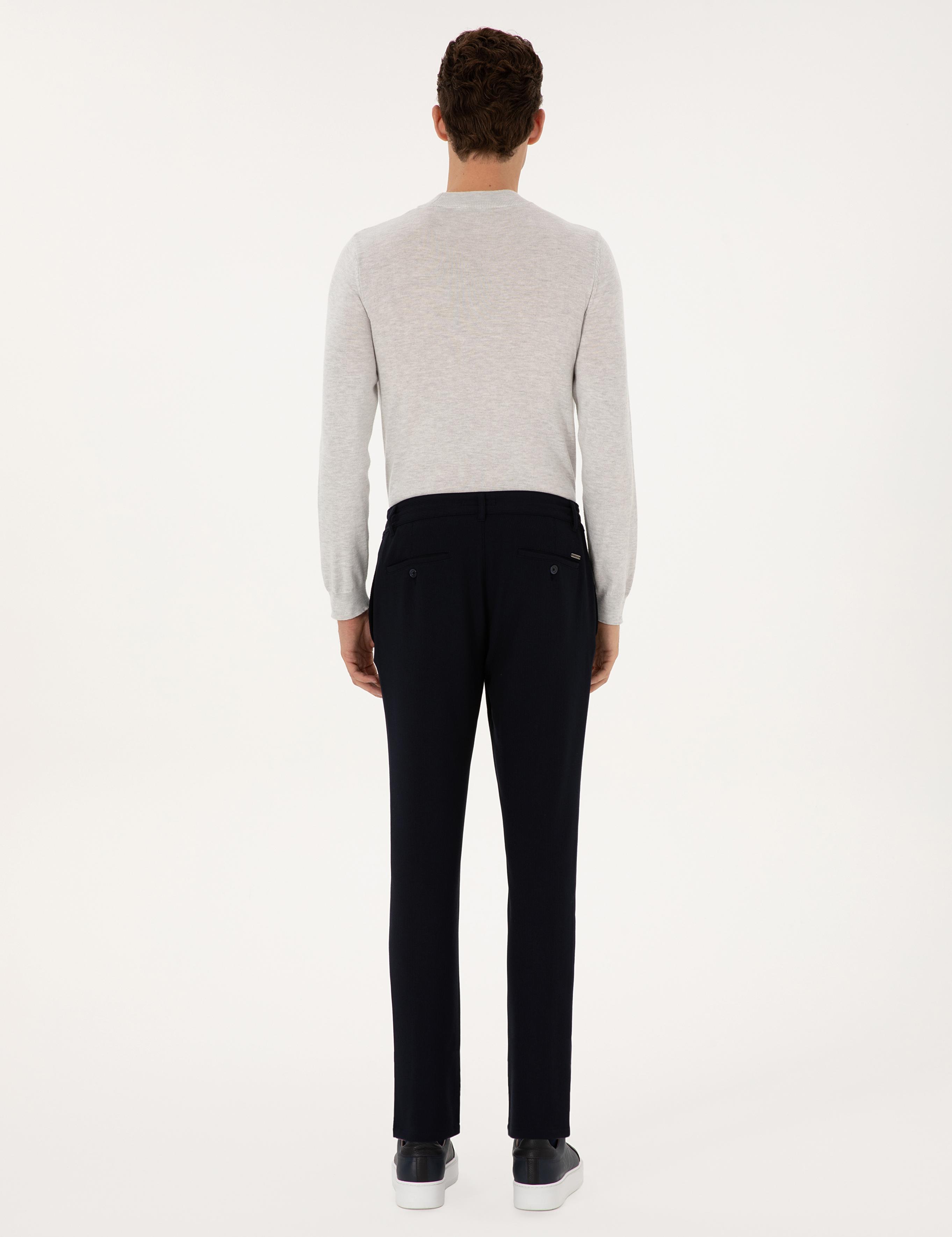 Lacivert Slim Fit Beli Lastikli Kordonlu Kanvas Pantolon