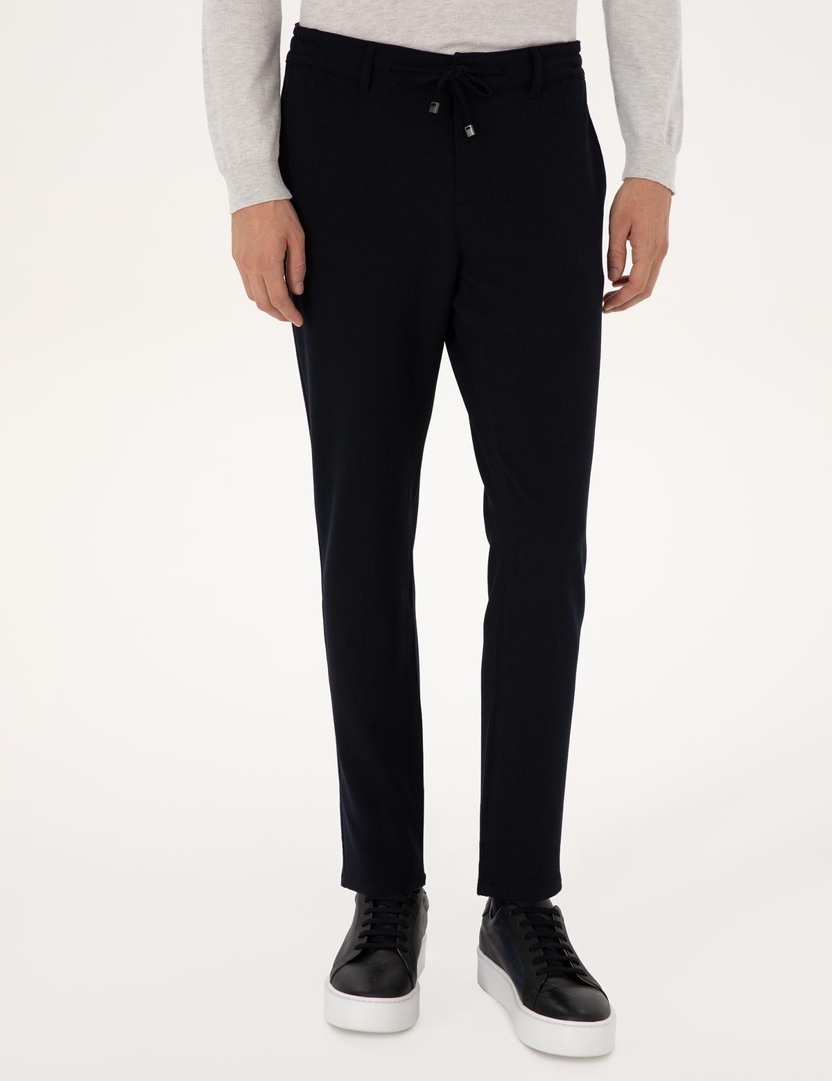 Lacivert Slim Fit Beli Lastikli Kordonlu Kanvas Pantolon - 50309926184