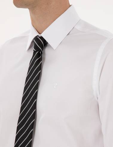 Beyaz %100 Pamuk Parlak Saten Slim Fit Uzun Kollu Basic Gömlek
