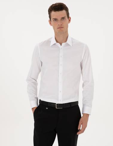 Beyaz %100 Pamuk Parlak Saten Slim Fit Uzun Kollu Basic Gömlek