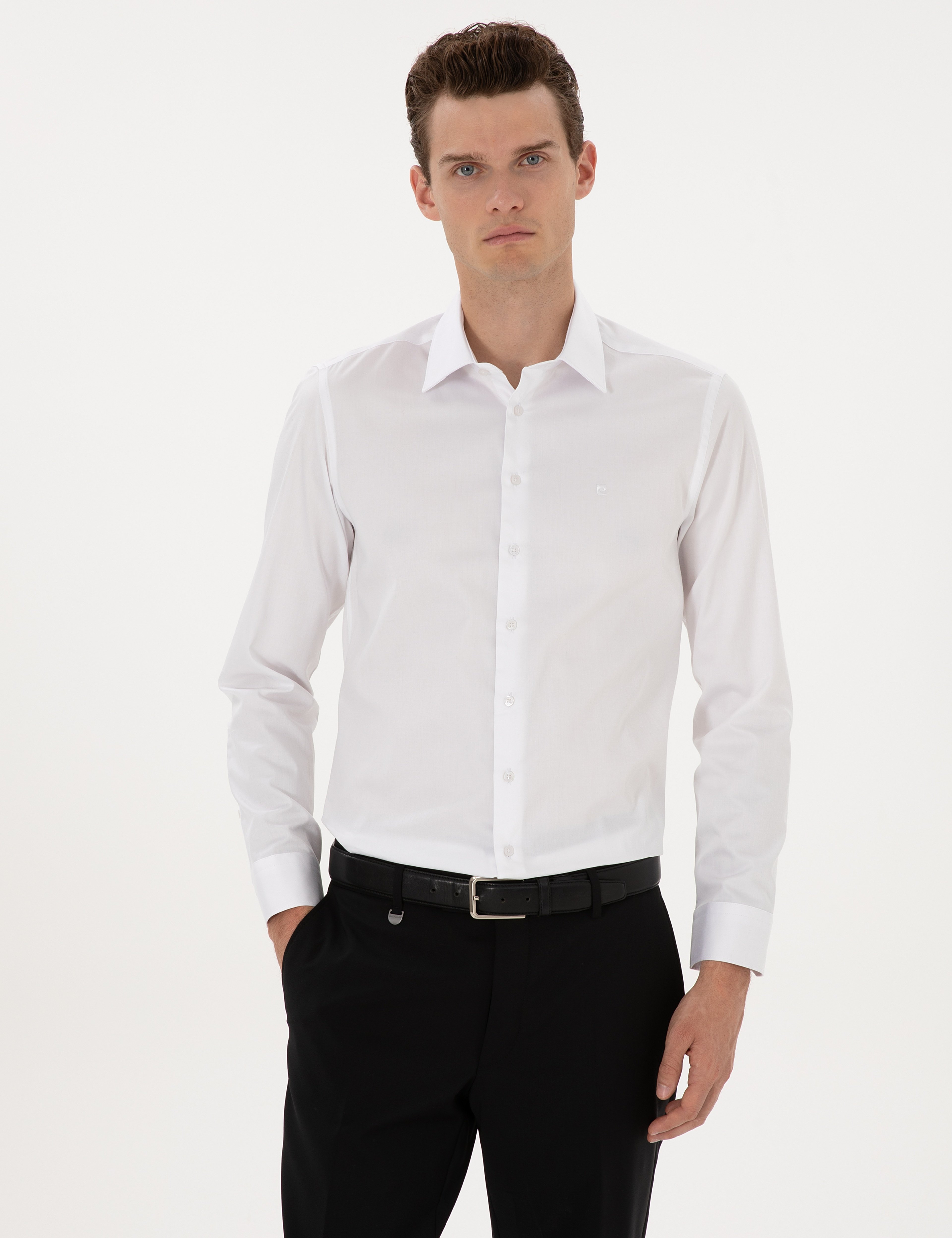 Beyaz %100 Pamuk Parlak Saten Slim Fit Uzun Kollu Basic Gömlek - Image 3