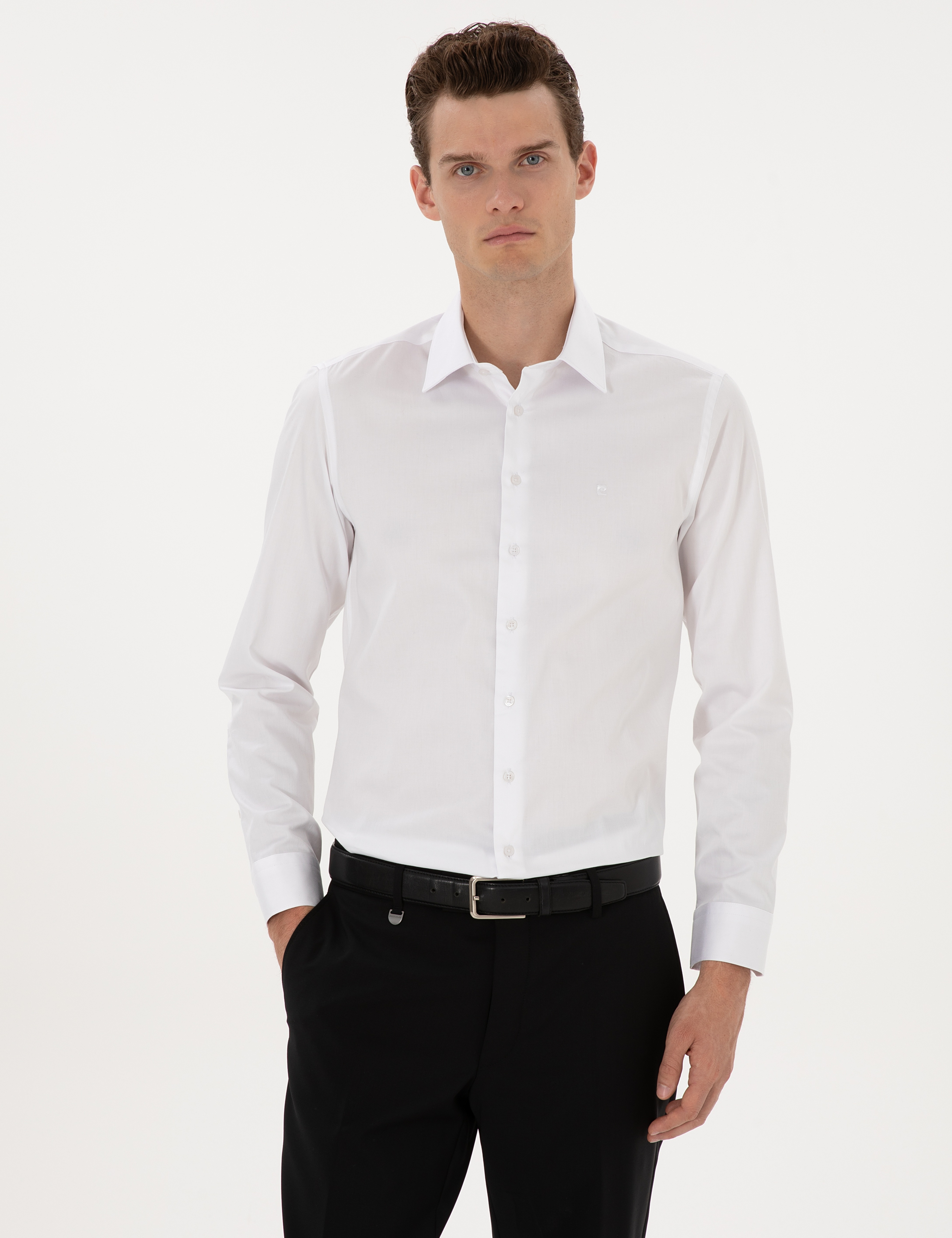 Beyaz %100 Pamuk Parlak Saten Slim Fit Uzun Kollu Basic Gömlek