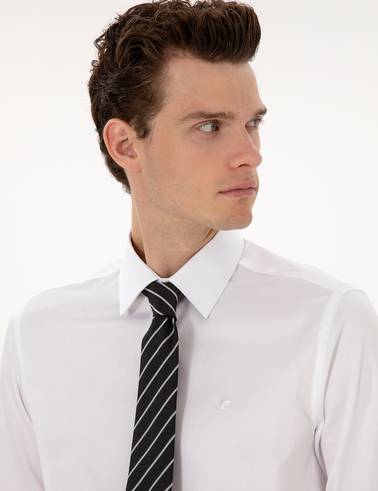 Beyaz %100 Pamuk Parlak Saten Slim Fit Uzun Kollu Basic Gömlek