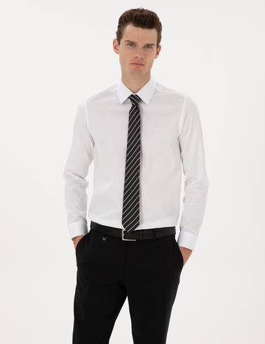 Beyaz %100 Pamuk Parlak Saten Slim Fit Uzun Kollu Basic Gömlek